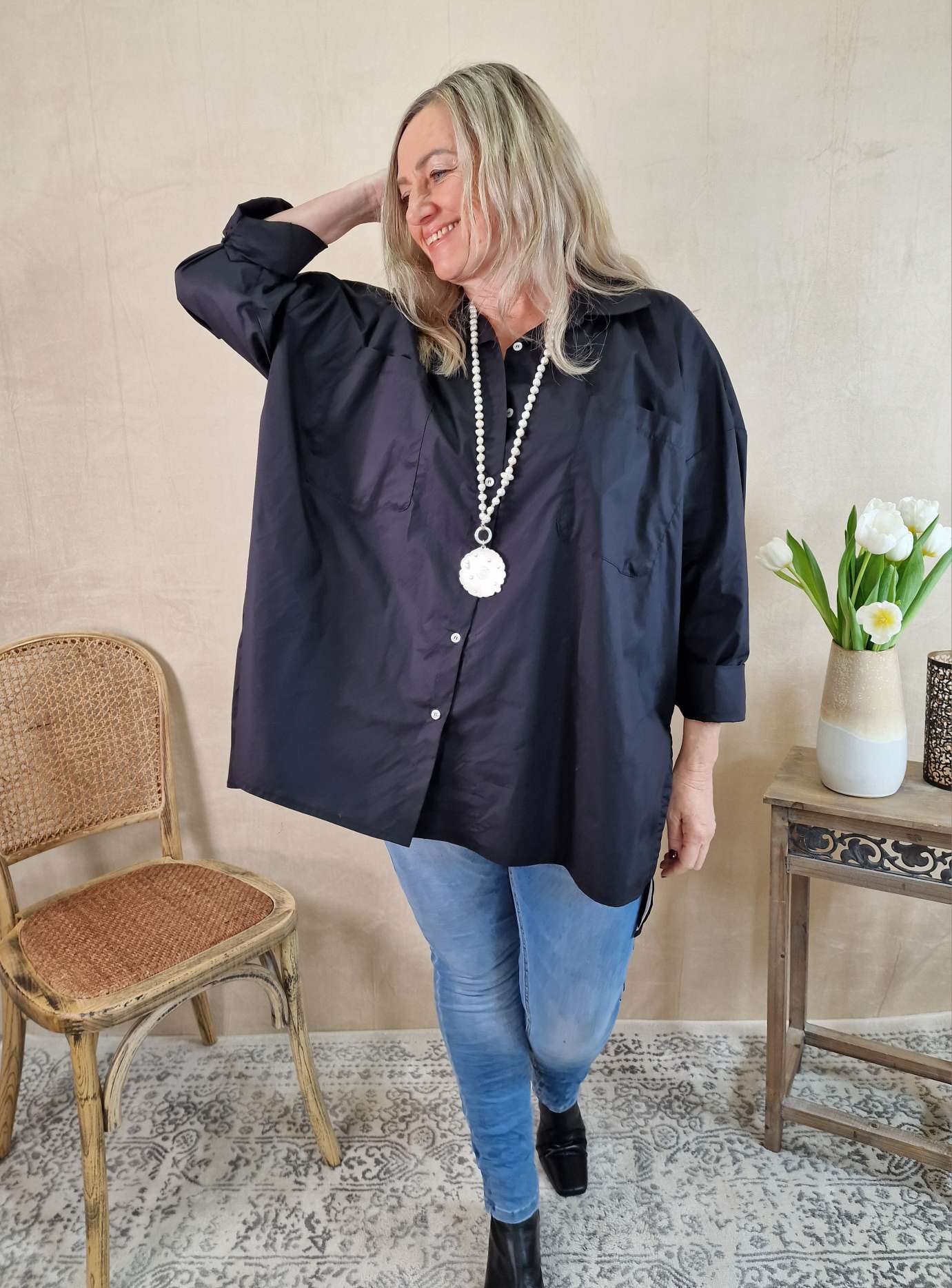 OVERSIZE BLUSE KARINA SCHWARZ 34-42/44 Made in Italy Longbluse Kleid Damen OVERSIZE BLUSE KARINA SCHWARZ 34-42/44 Made in Italy Longbluse Kleid Damen