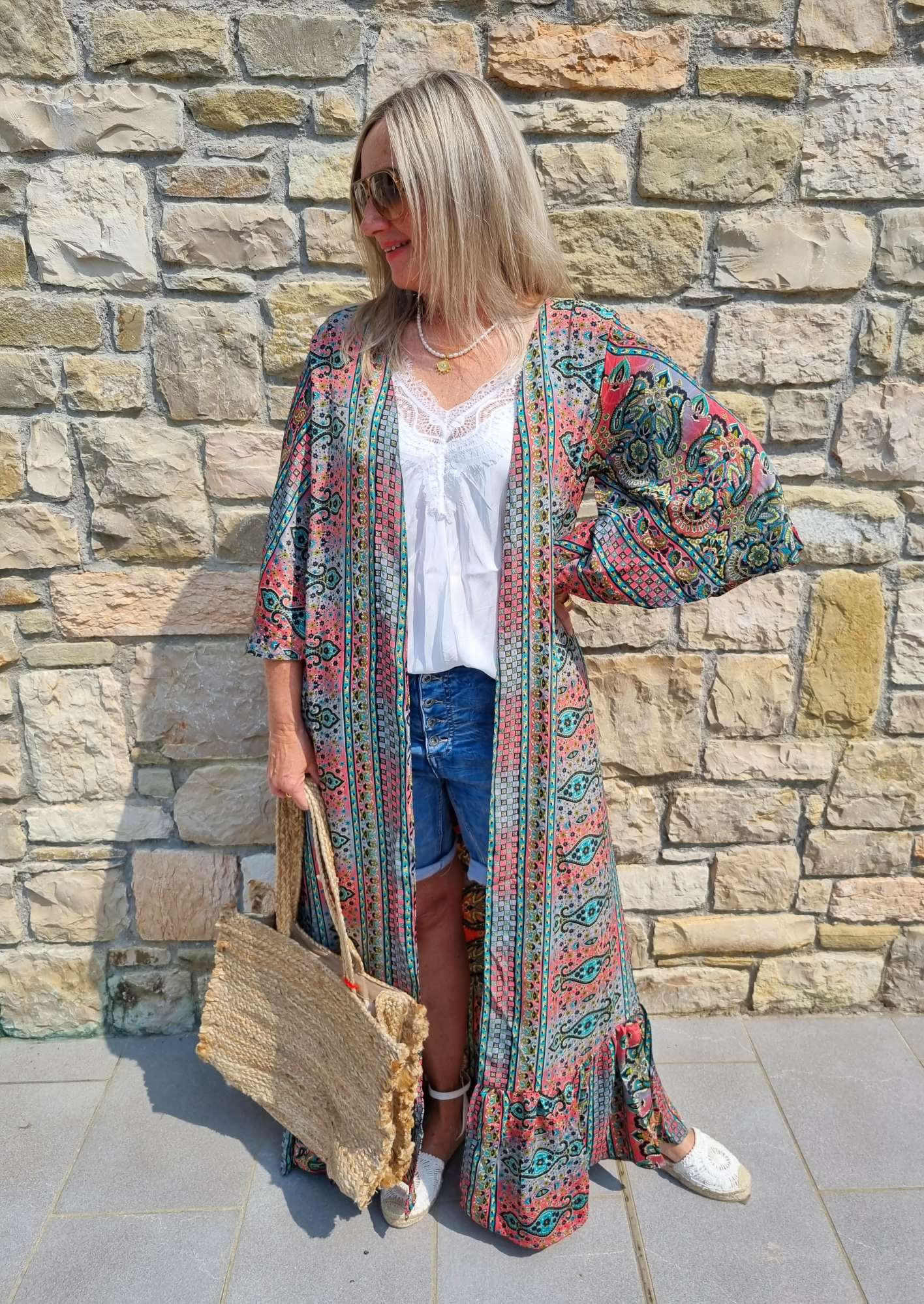 MAXI SILK KIMONO MALEDIVE MIT VOLANT PETROL Seide Jacke Mantel Beach Sommer 34-40 Kaftan MAXI SILK KIMONO MALEDIVE MIT VOLANT PETROL Seide Jacke Mantel Beach Sommer 34-40 Kaftan