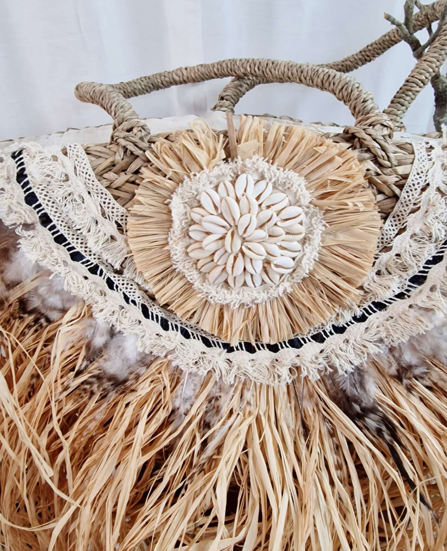 IBIZA BEACH BAG SUMMERLOVE Muscheln Details Strand Tasche Korb Federn Boho Bohemian 