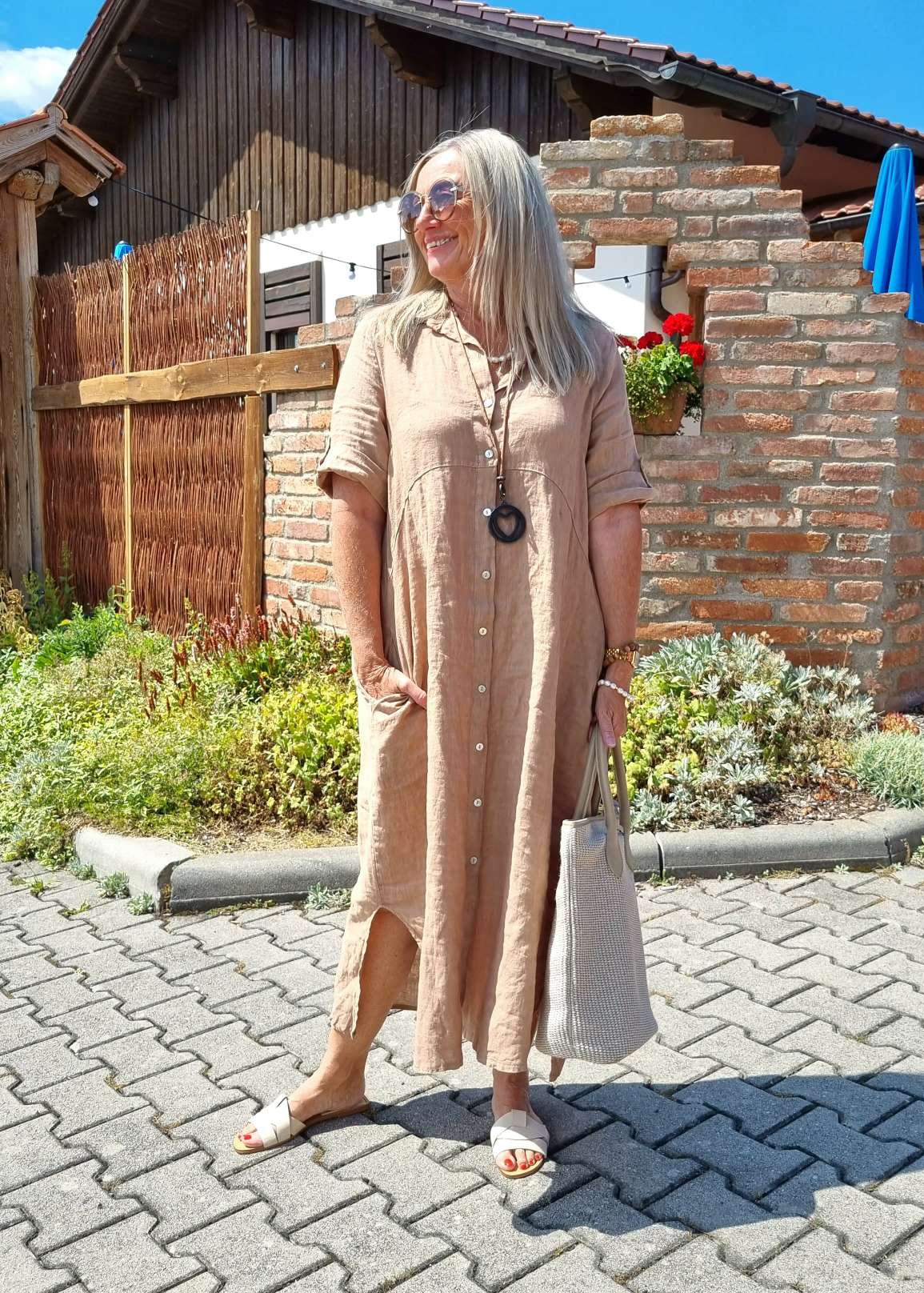 LINEN DESS WILMA CAMEL 34-42 Made in Italy Leinen Kleid Long Bluse Mantel LINEN DESS WILMA CAMEL 34-42 Made in Italy Leinen Kleid Long Bluse Mantel
