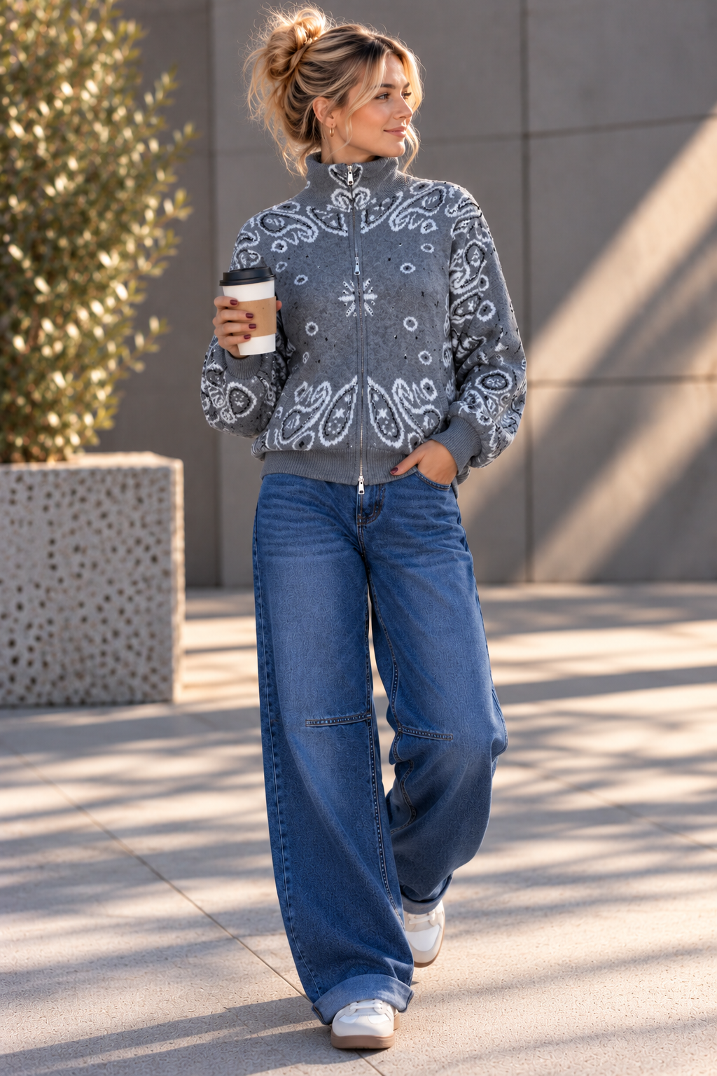 Zipper-Strickjacke mit Paisley-Muster SJ0165 I Made in Italy 34-40/42