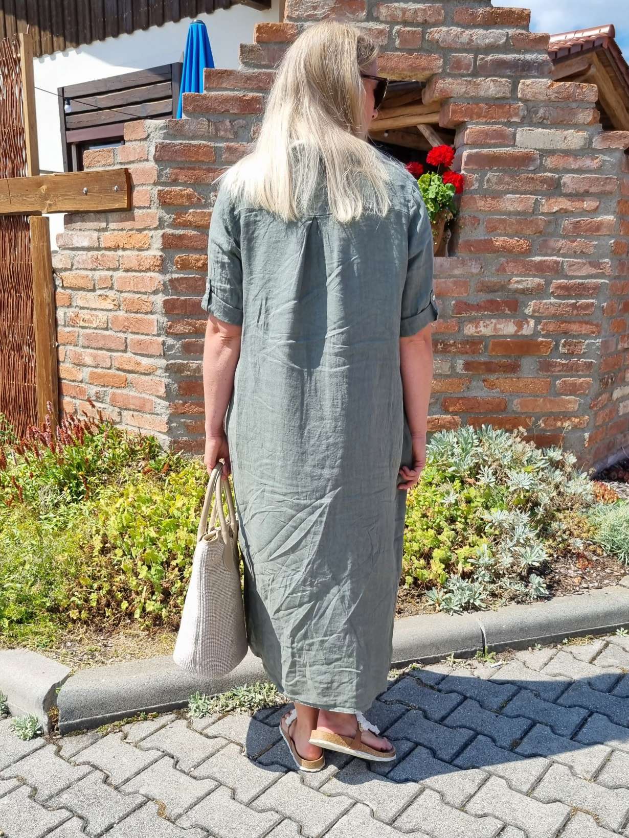 LINEN DESS WILMA KHAKI 34-42 Made in Italy Leinen Kleid Long Bluse Mantel LINEN DESS WILMA KHAKI 34-42 Made in Italy Leinen Kleid Long Bluse Mantel