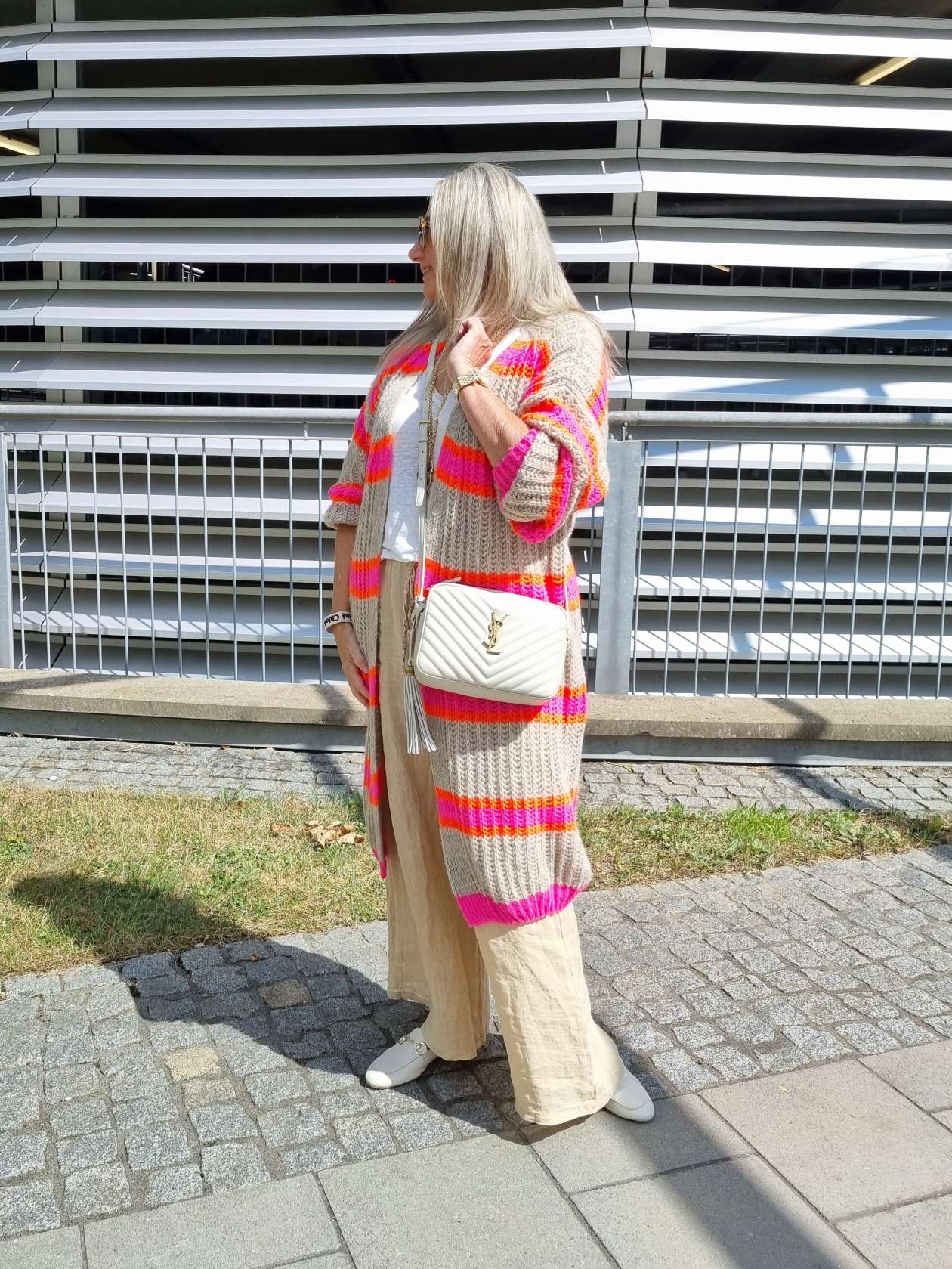 LONG KNIT CARDIGAN MYKONOS STRIPES BEIGE langer Strick Mantel Jacke Made in Italy Streifen 34-42 LONG KNIT CARDIGAN MYKONOS STRIPES BEIGE langer Strick Mantel Jacke Made in Italy Streifen 34-42