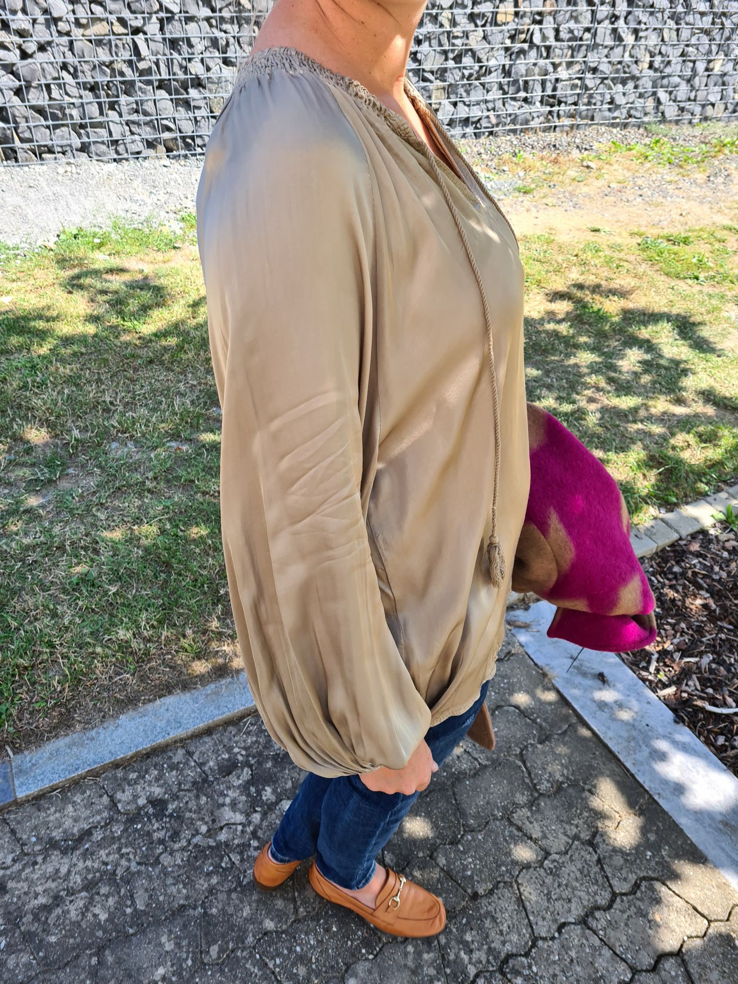 BASIC SEIDEN BLUSE KELLY CAMEL 34-42 Made in Italy Silk Oversize Shirt BASIC SEIDEN BLUSE KELLY CAMEL 34-42 Made in Italy Silk Oversize Shirt