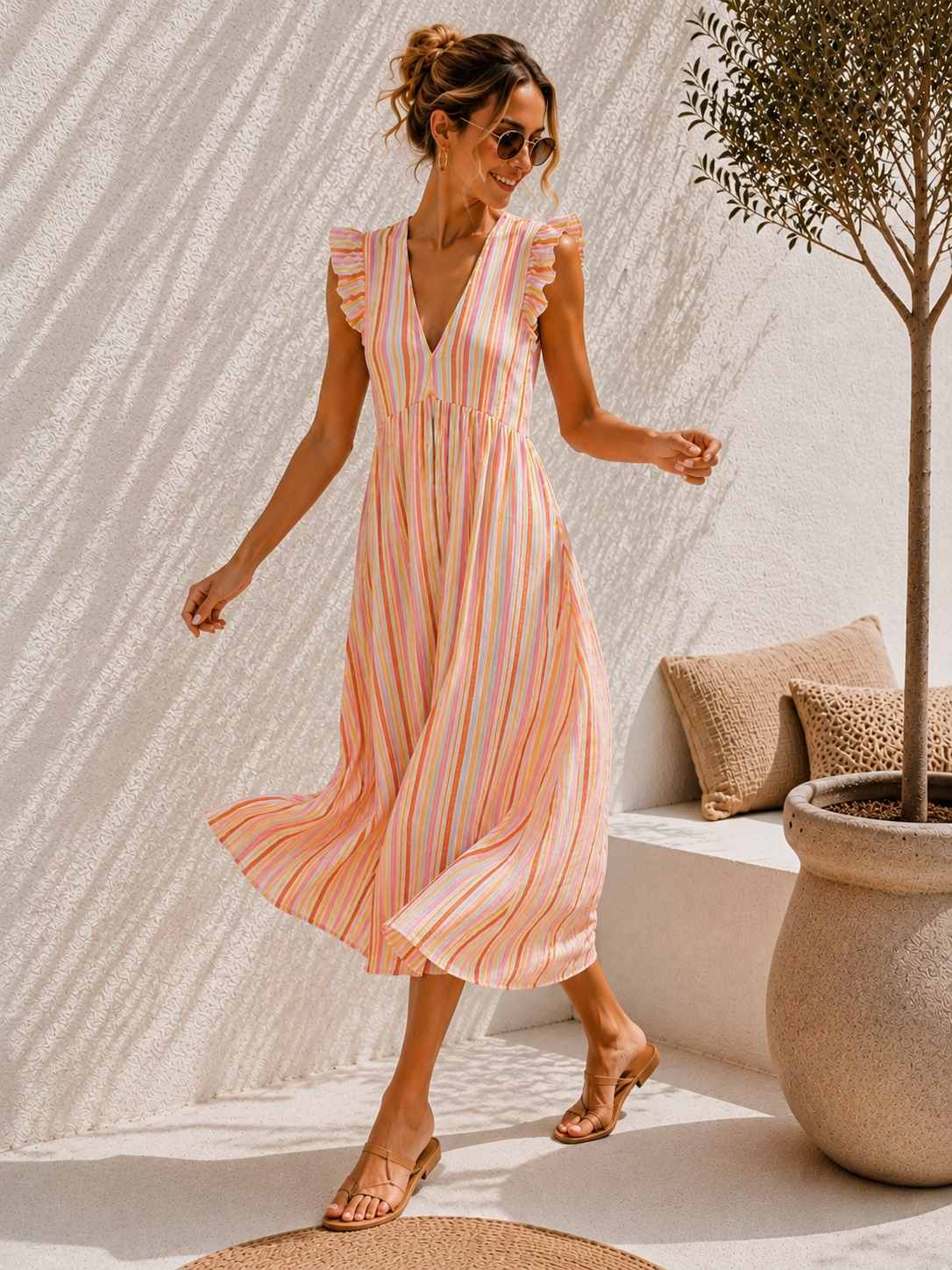 MUSSELIN KLEID ZOE STRIPES 34 - 42 Made in Italy ärmellos Rüsche