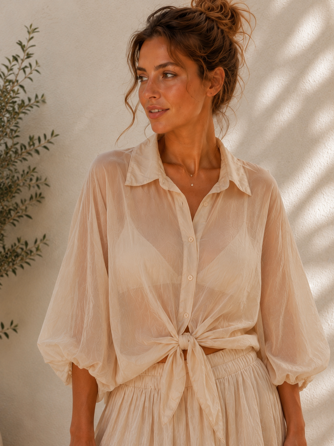 Exklusive Seidenbluse Nerea Uni leicht transparent zum Binden 34-42/44