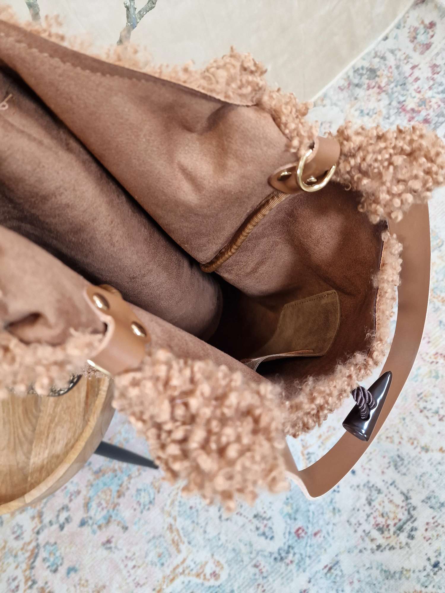 TEDDY FELL SHOPPER LIZZY CAMEL flauschige Shopping Bag mit Leder-Henkel Tasche Made in Italy TEDDY FELL SHOPPER LIZZY CAMEL flauschige Shopping Bag mit Leder-Henkel Tasche Made in Italy