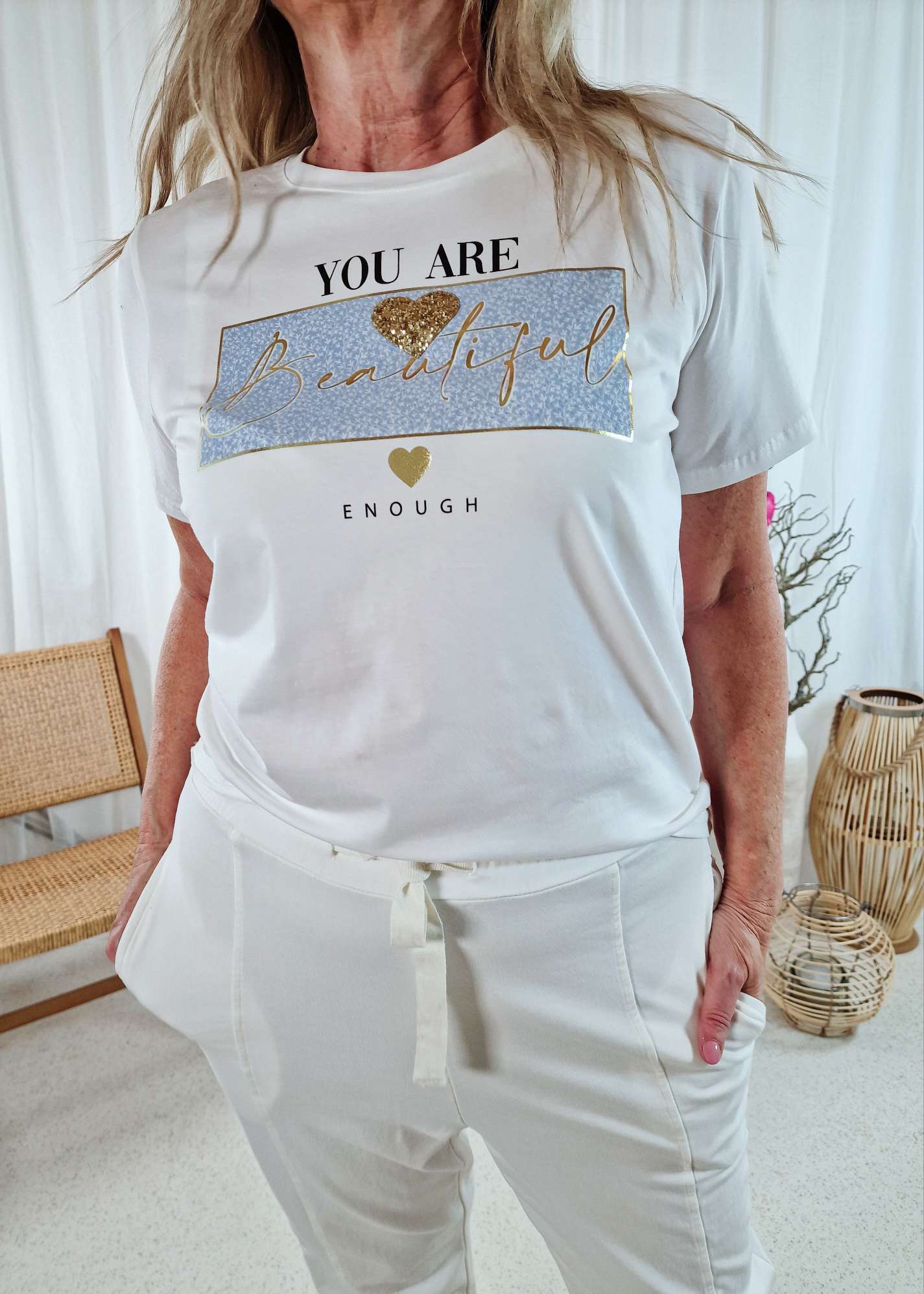 T-SHIRT BEAUTIFUL ENOUGH BLAU 34-40 Made in Italy Basic Kurzarm Shirt Oberteil WEISS