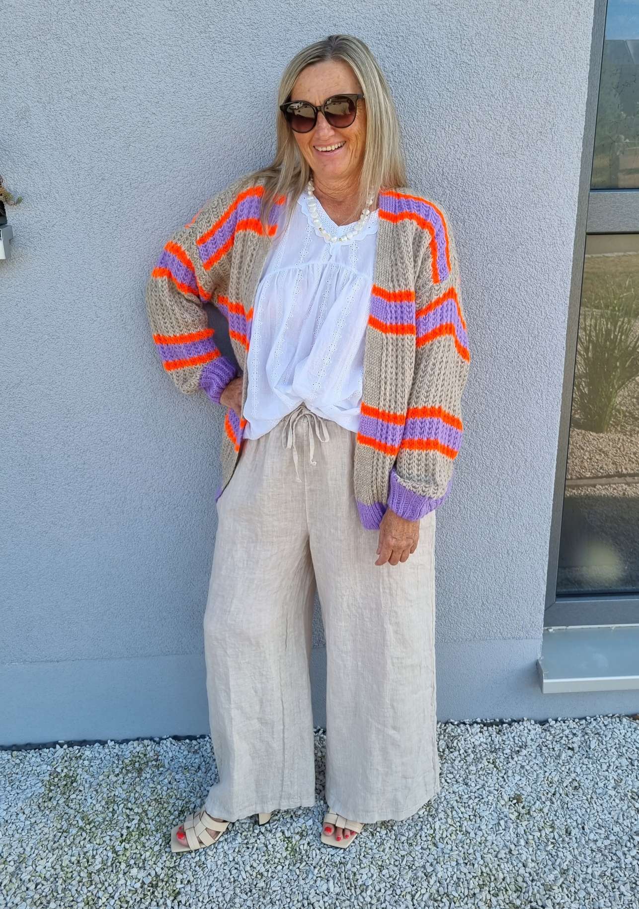 SHORT KNIT CARDIGAN MYKONOS STRIPES BEIGE FLIEDER ORANGE kurze Strick Jacke Made in Italy Streifen 34-42 SHORT KNIT CARDIGAN MYKONOS STRIPES BEIGE FLIEDER ORANGE kurze Strick Jacke Made in Italy Streifen 34-42