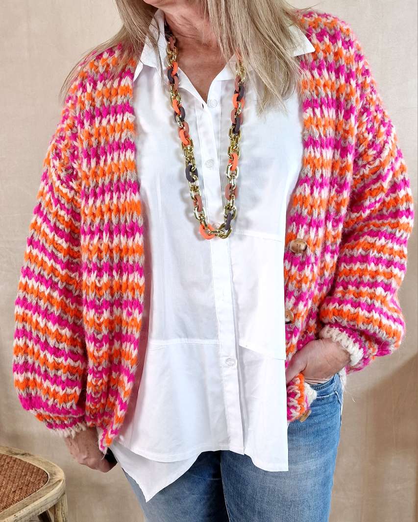 SHORT KNIT CARDIGAN DOMINO PINK ORANGE CREME kurze Strick Jacke Made in Italy 34-42 SHORT KNIT CARDIGAN DOMINO PINK ORANGE CREME kurze Strick Jacke Made in Italy 34-42