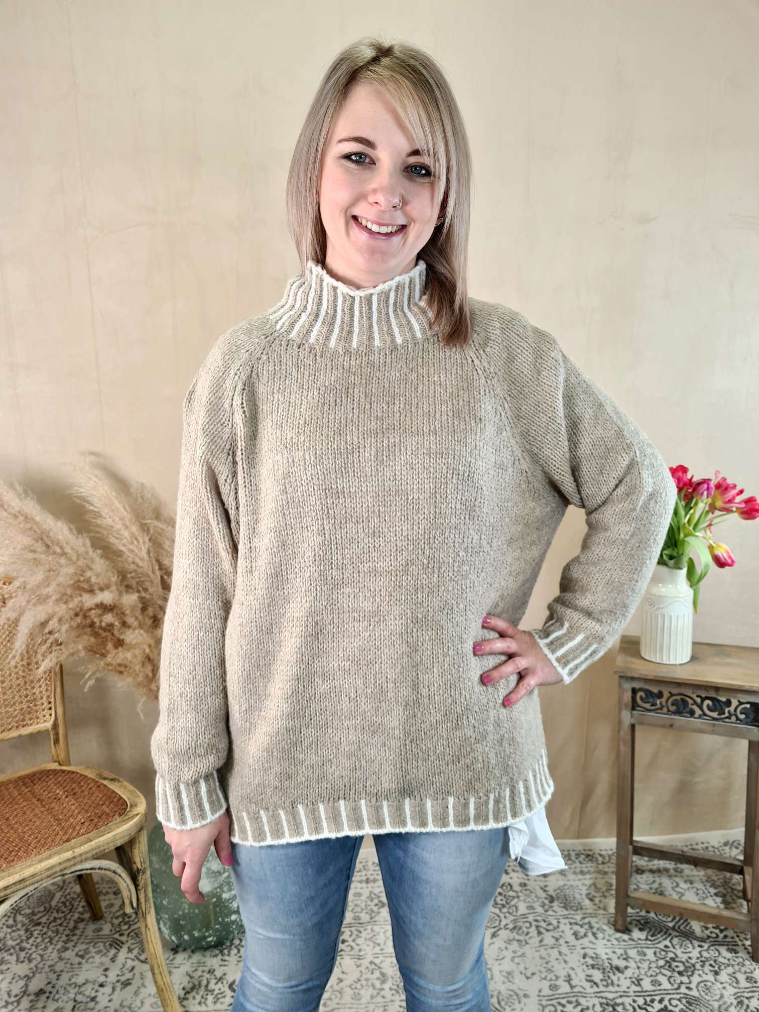 KNIT SWEATER ULRIKE TAUPE Made in Italy 34-42 Strick Pullover KNIT SWEATER ULRIKE TAUPE Made in Italy 34-42 Strick Pullover