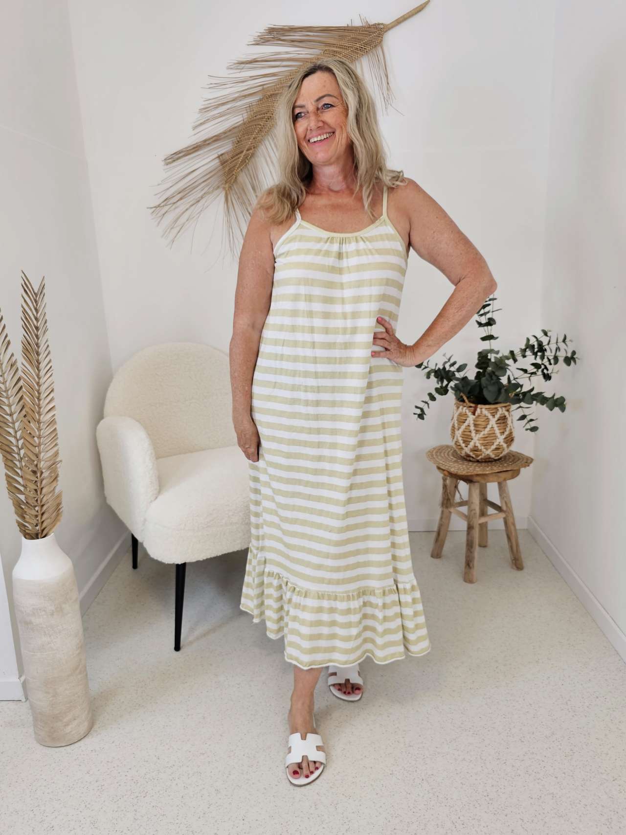 MAXI DRESS MORENA STRIPES KIWI 36-40 Made in Italy Spaghetti Kleid
