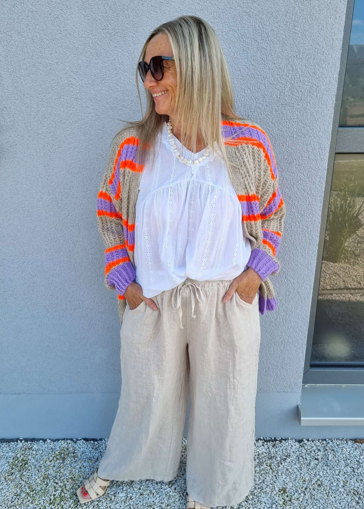 SHORT KNIT CARDIGAN MYKONOS STRIPES BEIGE FLIEDER ORANGE kurze Strick Jacke Made in Italy Streifen 34-42 SHORT KNIT CARDIGAN MYKONOS STRIPES BEIGE FLIEDER ORANGE kurze Strick Jacke Made in Italy Streifen 34-42