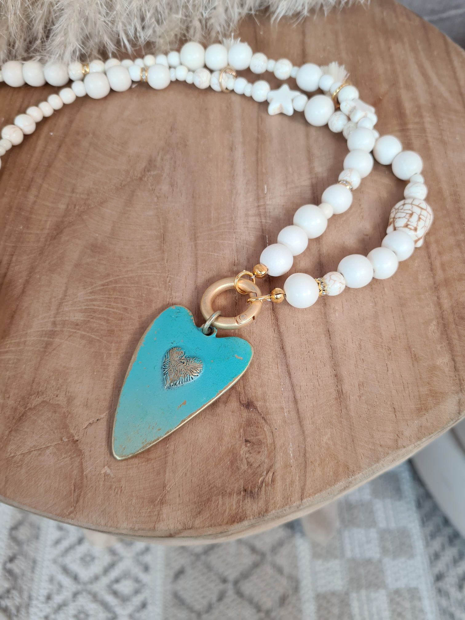   EXKLUSIVE LANGE KETTE BUDDHA OFFWHITE HEART TÜRKIS Gold Shiny