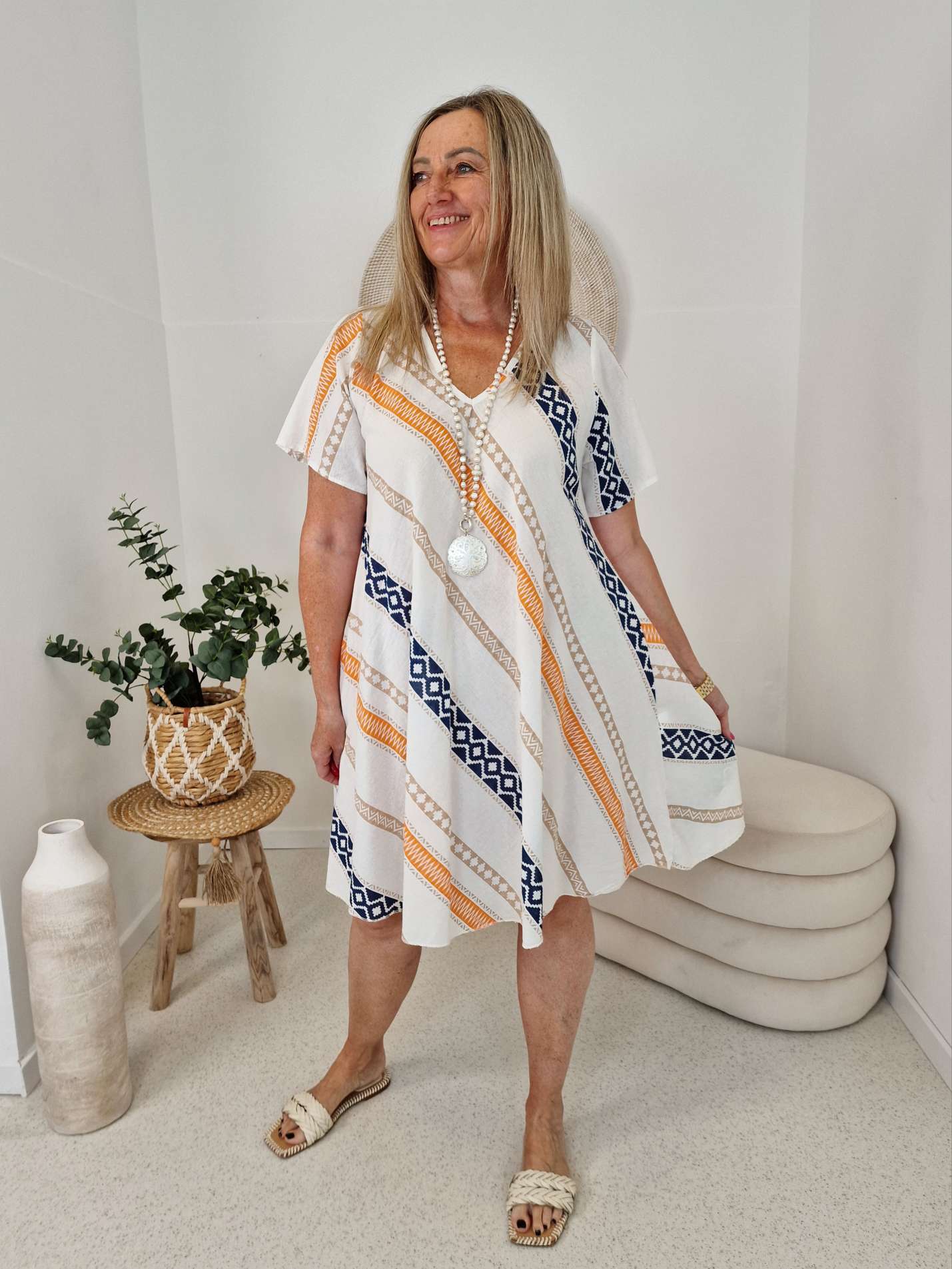 SOMMERKLEID PAROS ORANGE BLAU Greek Style 36 - 42 SOMMERKLEID PAROS ORANGE BLAU Greek Style 36 - 42