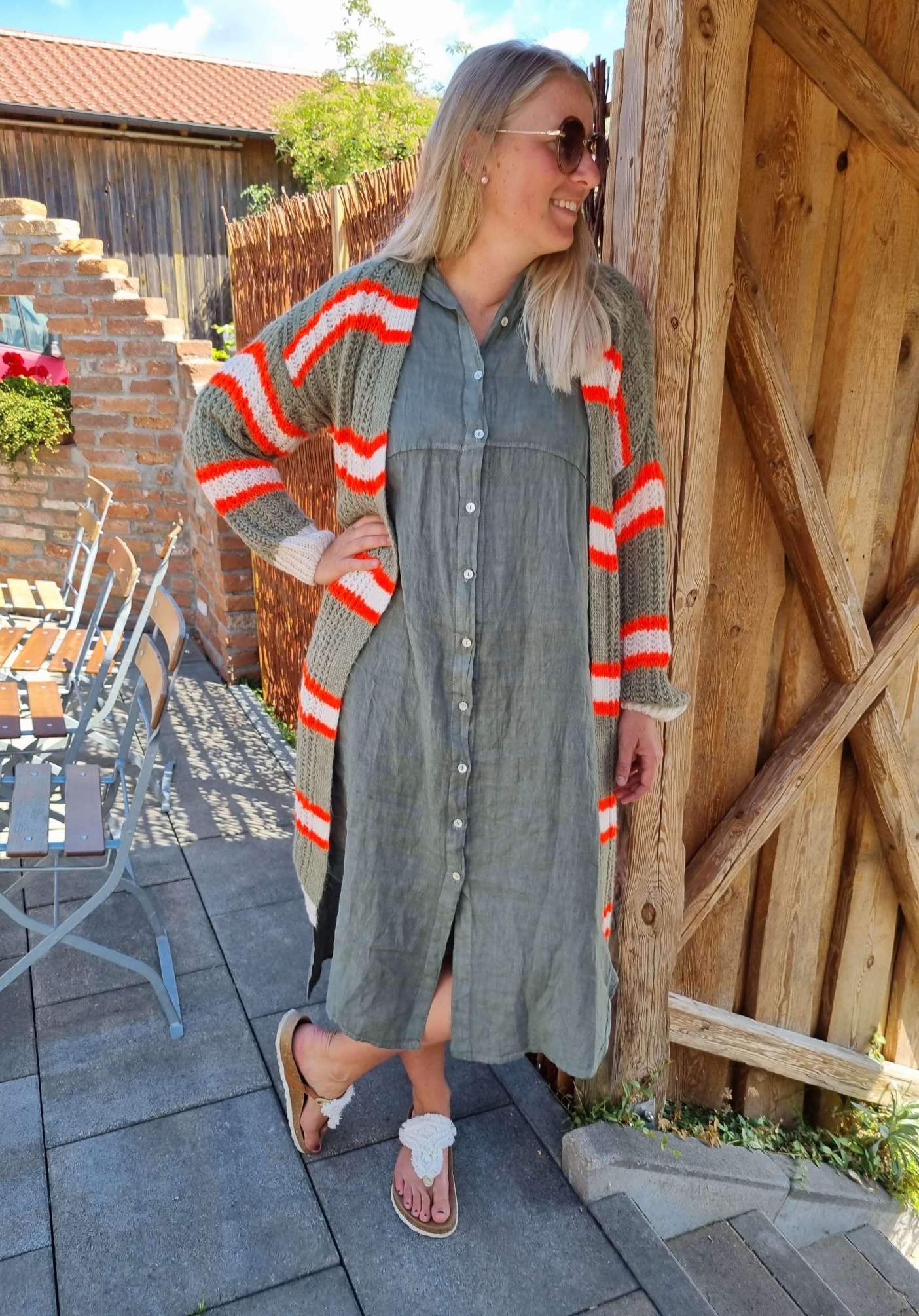 LONG KNIT CARDIGAN MYKONOS STRIPES KHAKI ORANGE CREME langer Strick Mantel Jacke Made in Italy Streifen 34-42 LONG KNIT CARDIGAN MYKONOS STRIPES KHAKI ORANGE CREME langer Strick Mantel Jacke Made in Italy Streifen 34-42