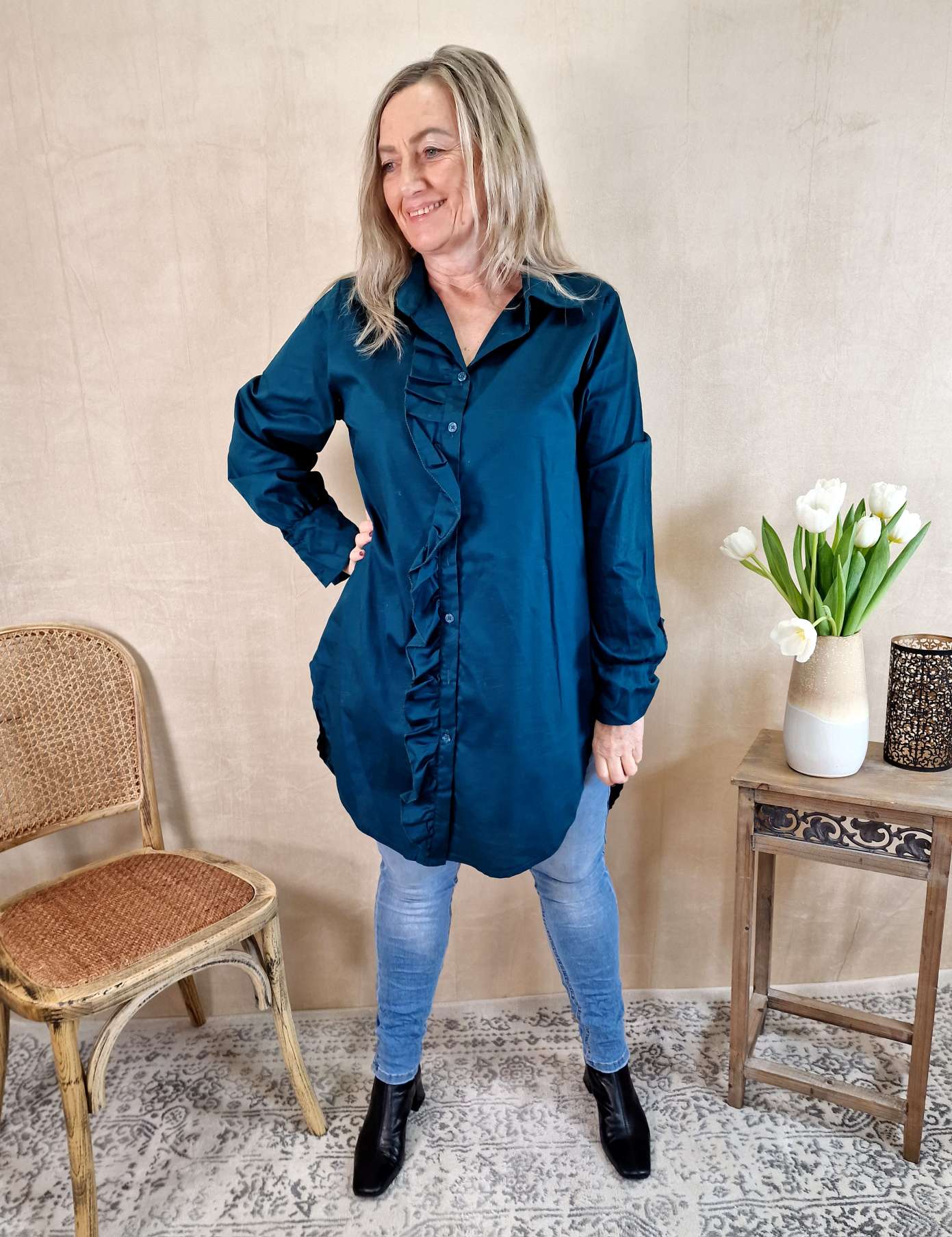 BASIC BLUSE JAMIE LONG PETROL 34-42 Made in Italy Oversize Shirt Hemd LANG Blusenkleid BASIC BLUSE JAMIE LONG PETROL 34-42 Made in Italy Oversize Shirt Hemd LANG Blusenkleid