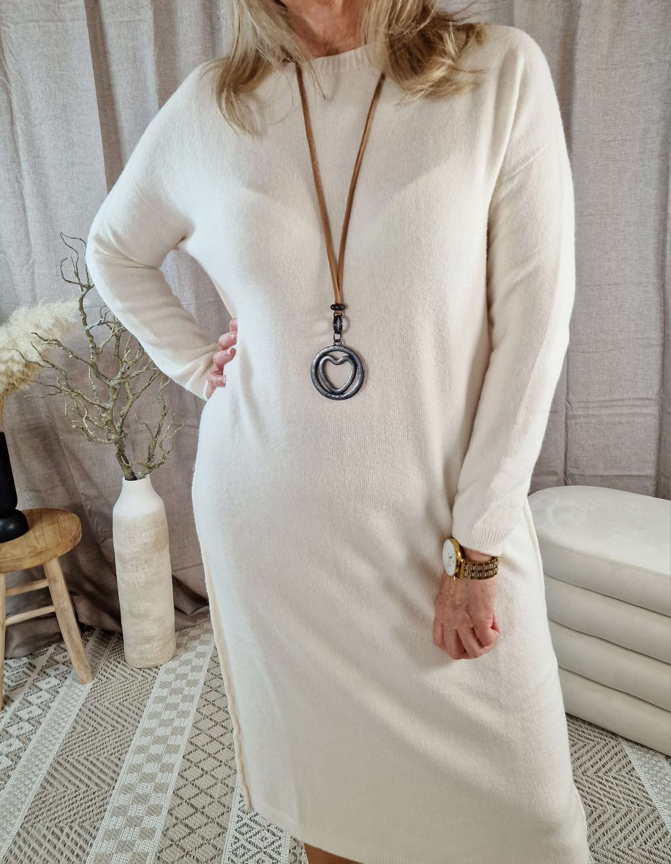LONG KNIT DRESS RITA CREME 34-42 Made in Italy Strick Kleid Long Pullover