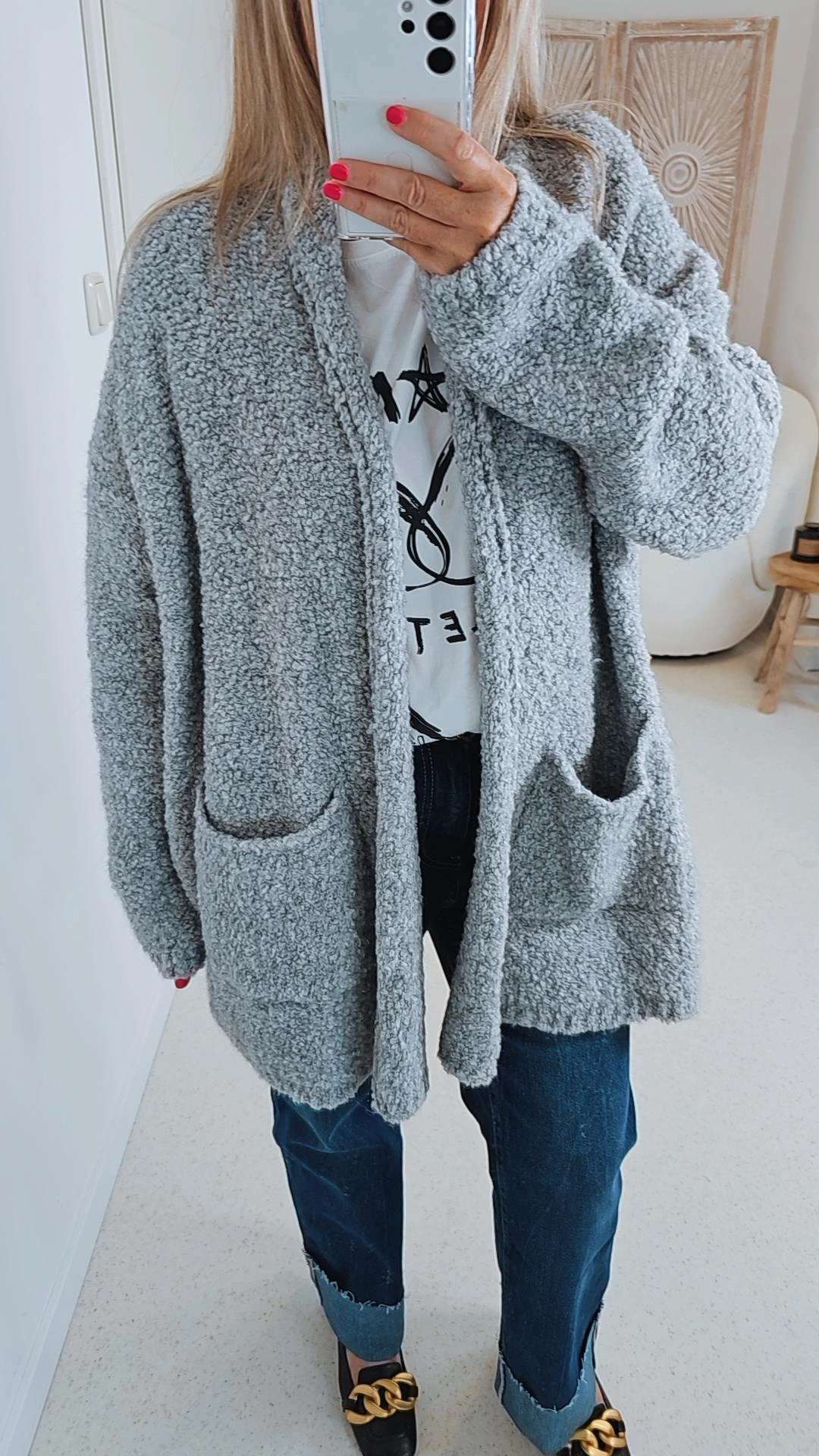 BOUCLE KNIT CARDIGAN MIRIAM SHORT 34-42 Made in Italy kurze Strick Jacke Oversize BOUCLE KNIT CARDIGAN MIRIAM SHORT 34-42 Made in Italy kurze Strick Jacke Oversize