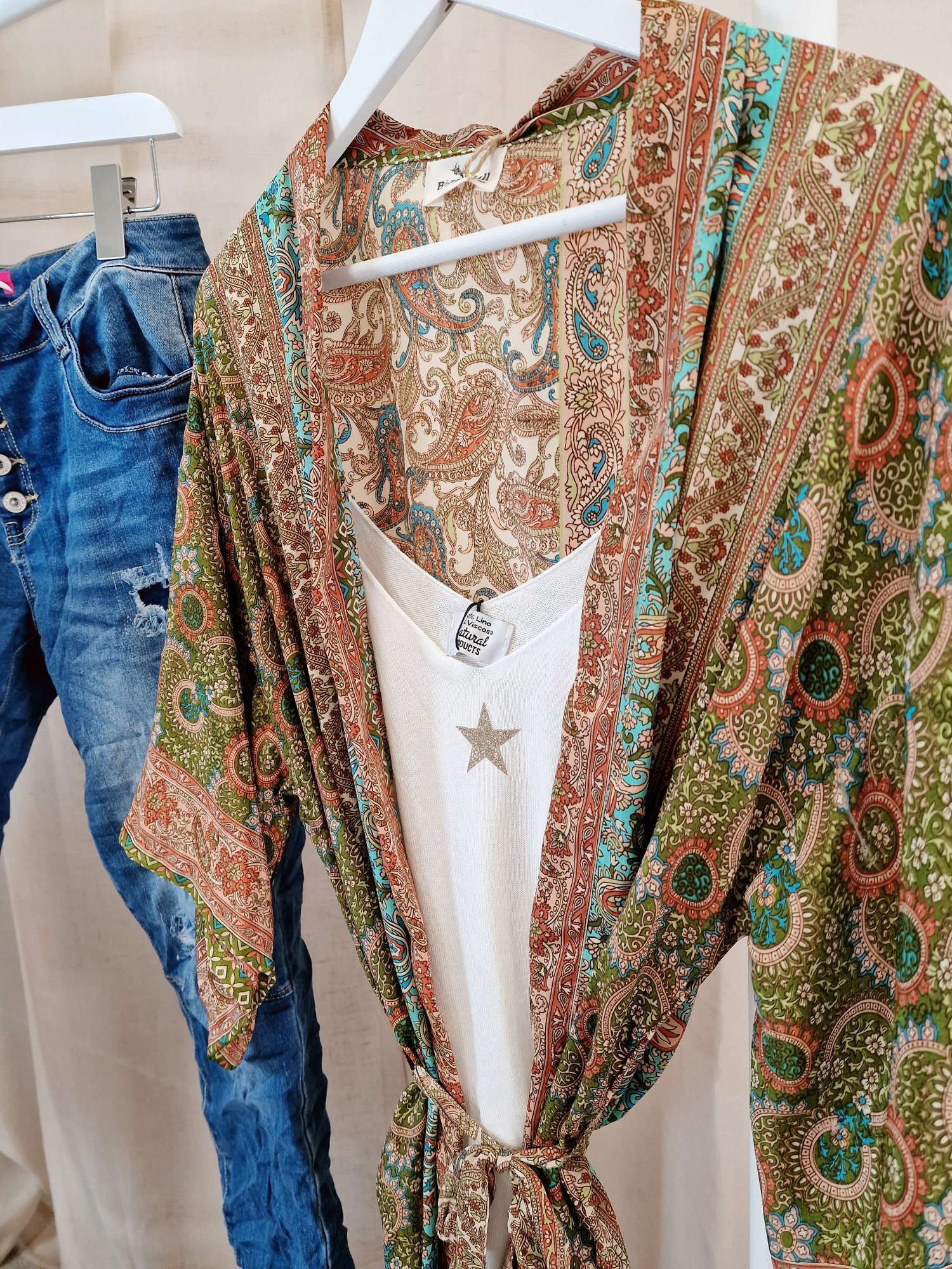 MIDI SILK KIMONO JASMINE GRÜN TÜRKIS Seide Jacke Mantel Beach Sommer 34-40 Kaftan Italy Style