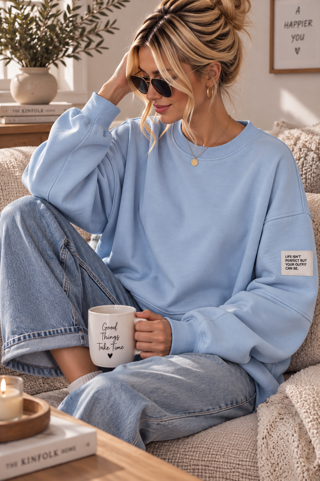 Butterstoff-Sweatshirt uni mit Statement-Patch – SW0094 Made in Italy Gr 34-42