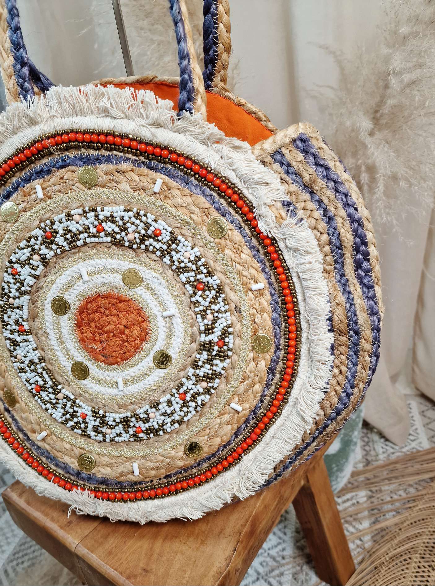 BOHO BAG KYLA RUND ORANGE Italy Design Bohemian Tasche Beach Bag Basttasche Strand