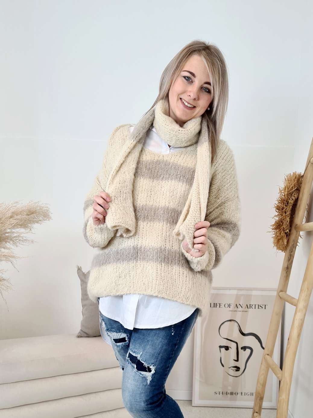 OVERSIZE KNIT SWEATER MARIA STRIPES CREME TAUPE + SCHAL Strickpullover Pullover 34-42 Made in Italy