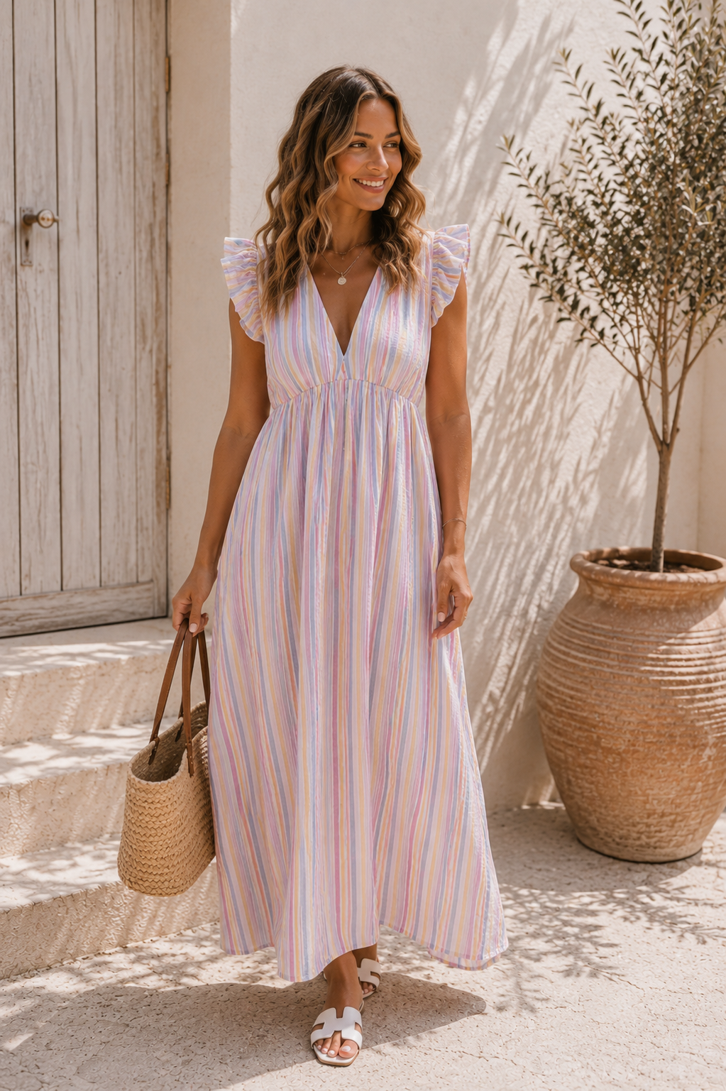 MUSSELIN KLEID ZOE STRIPES 34 - 42 Made in Italy ärmellos Rüsche