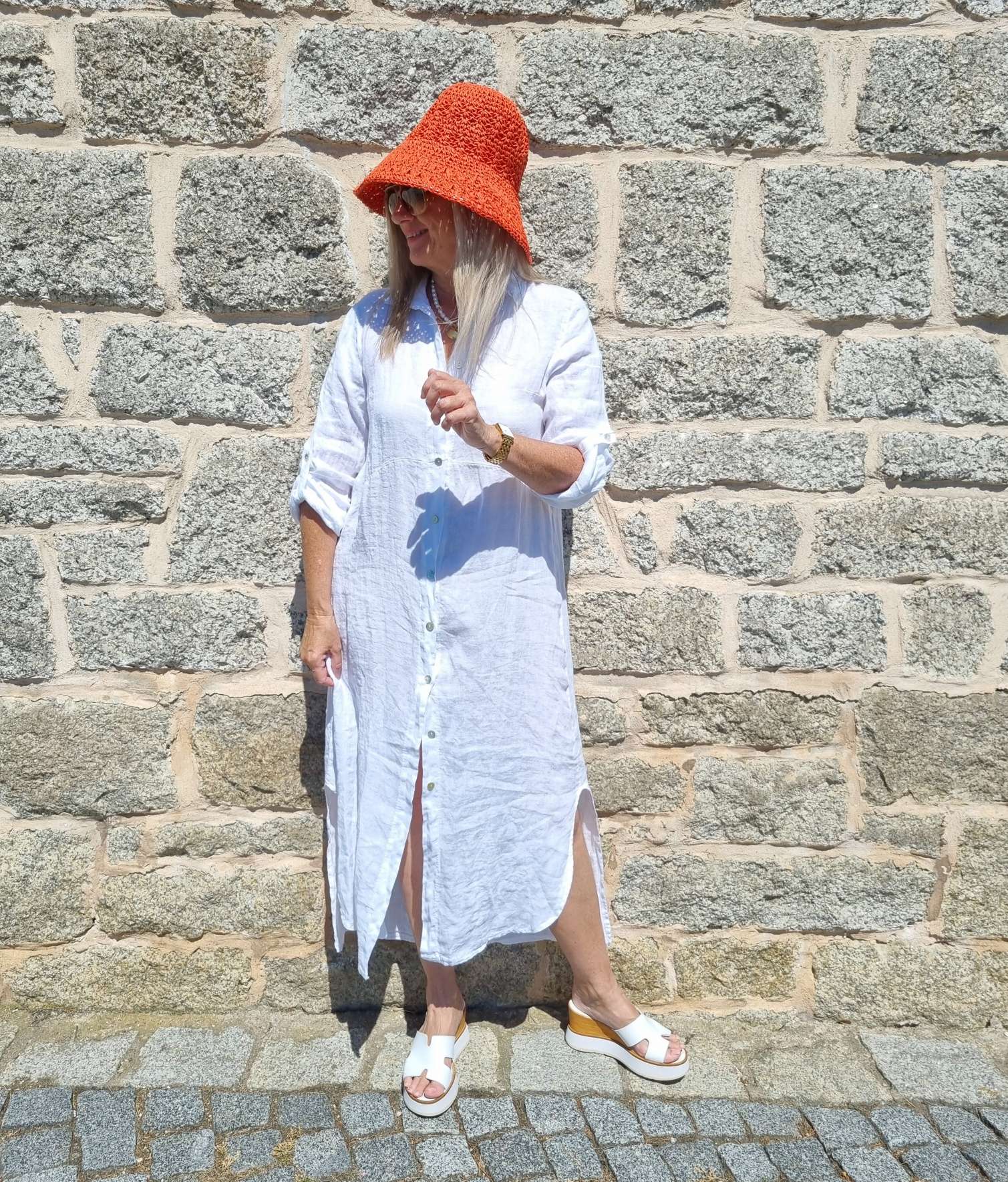 LINEN DESS WANDA 2 WEISS 34-40 Made in Italy Leinen Kleid Long Bluse Mantel LINEN DESS WANDA 2 WEISS 34-40 Made in Italy Leinen Kleid Long Bluse Mantel