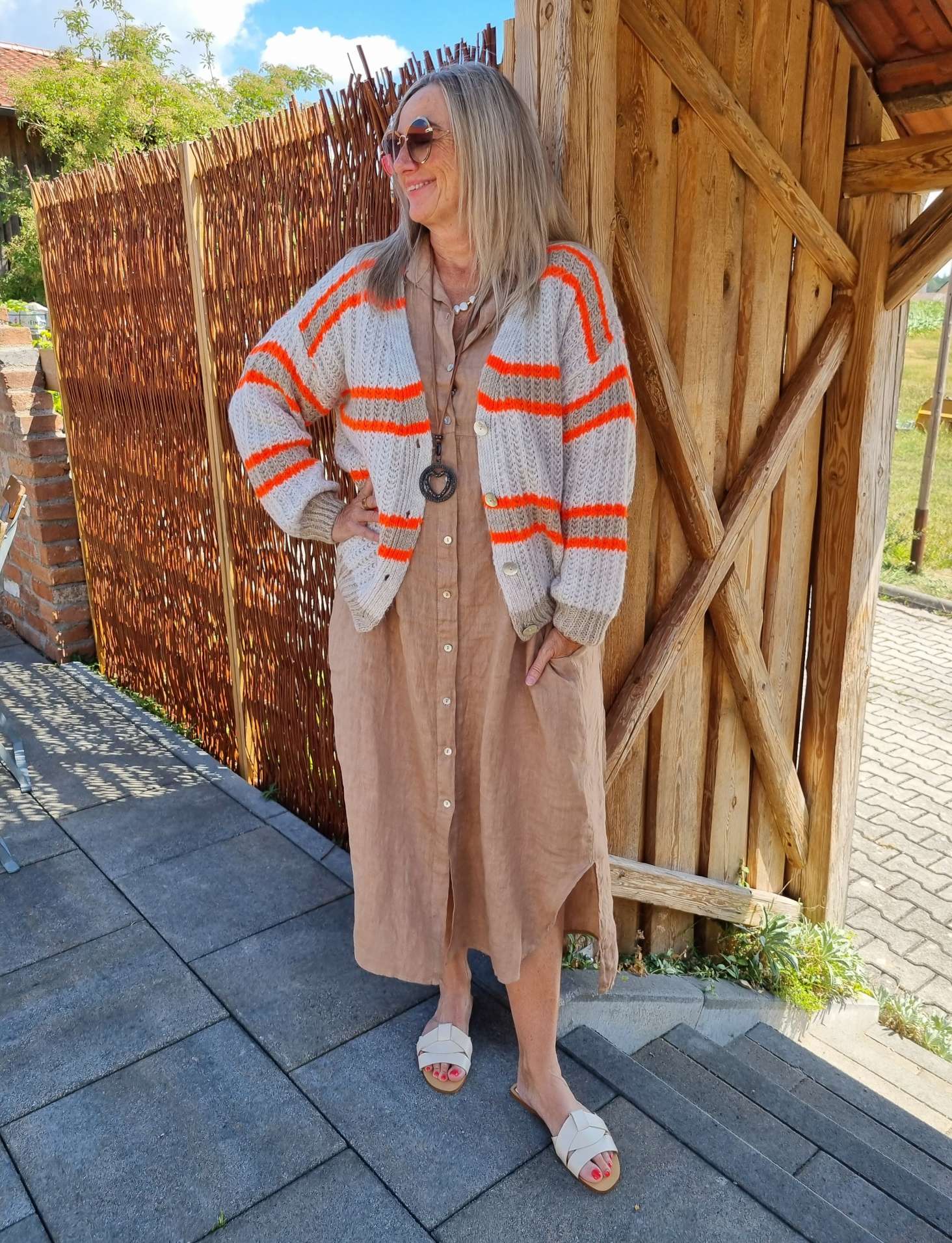 SHORT KNIT CARDIGAN MYKONOS STRIPES BUTTONS BEIGE TAUPE ORANGE kurze Strick Jacke Made in Italy Streifen Knöpfe 34-42 SHORT KNIT CARDIGAN MYKONOS STRIPES BUTTONS BEIGE TAUPE ORANGE kurze Strick Jacke Made in Italy Streifen Knöpfe 34-42
