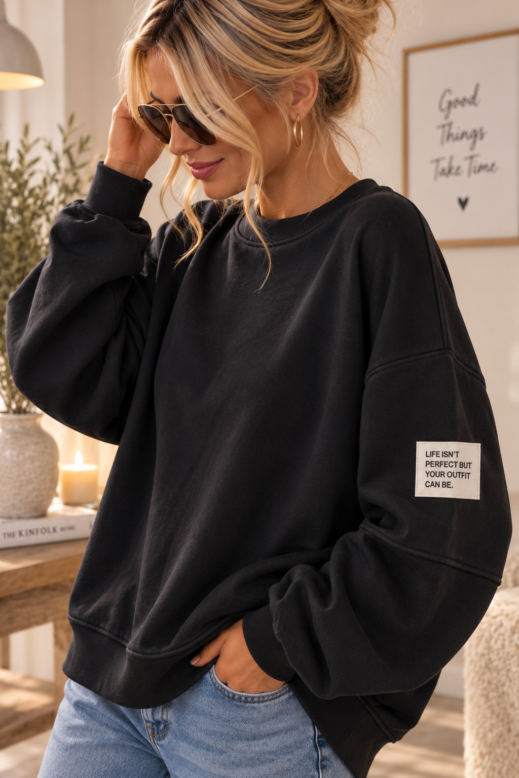 Butterstoff-Sweatshirt uni mit Statement-Patch – SW0094 Made in Italy Gr 34-42