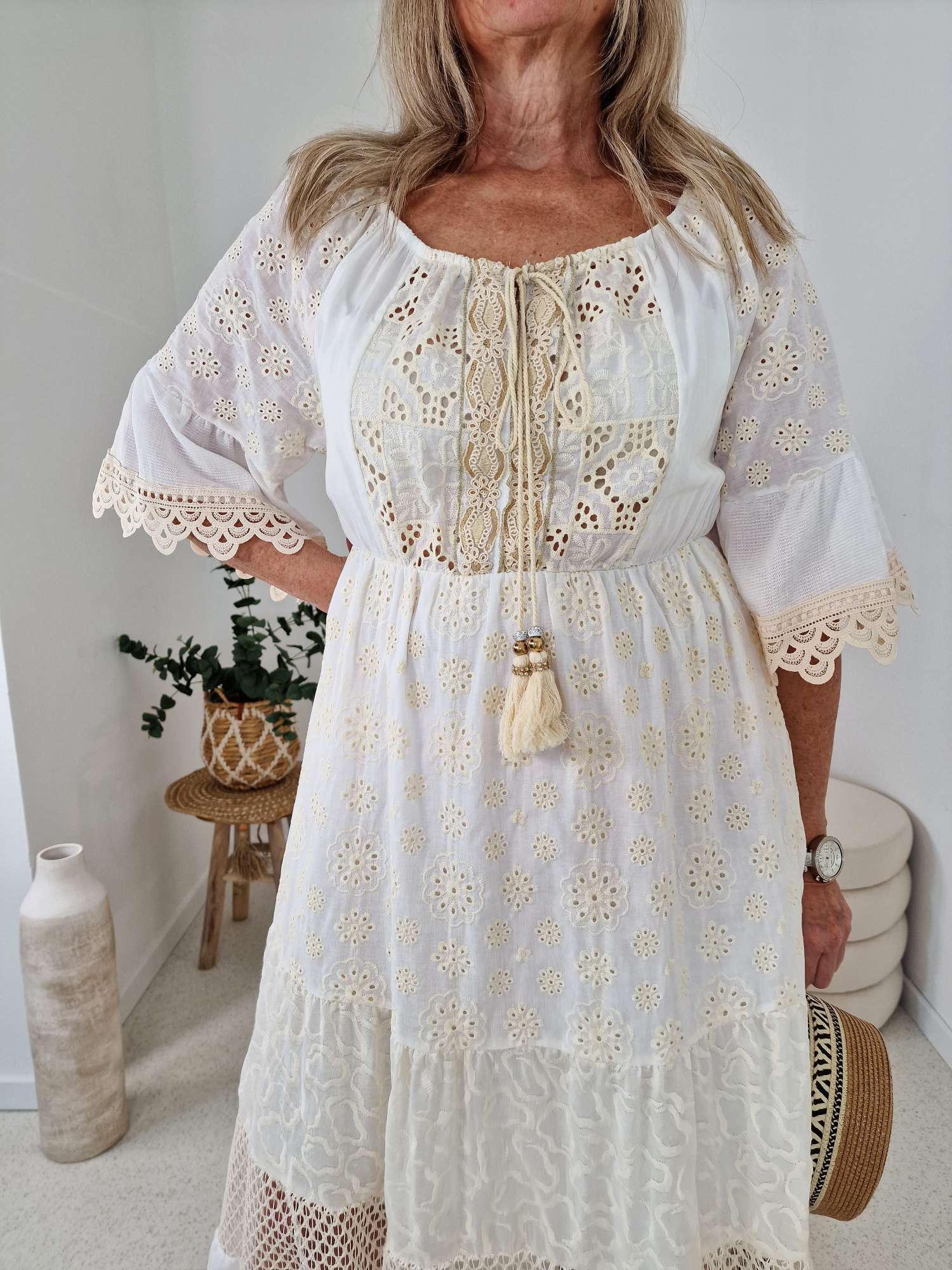 BOHEMIAN DRESS ALANI CREME WEISS 34-42 Made in Italy edles Boho Strand Kleid Sommer BOHO