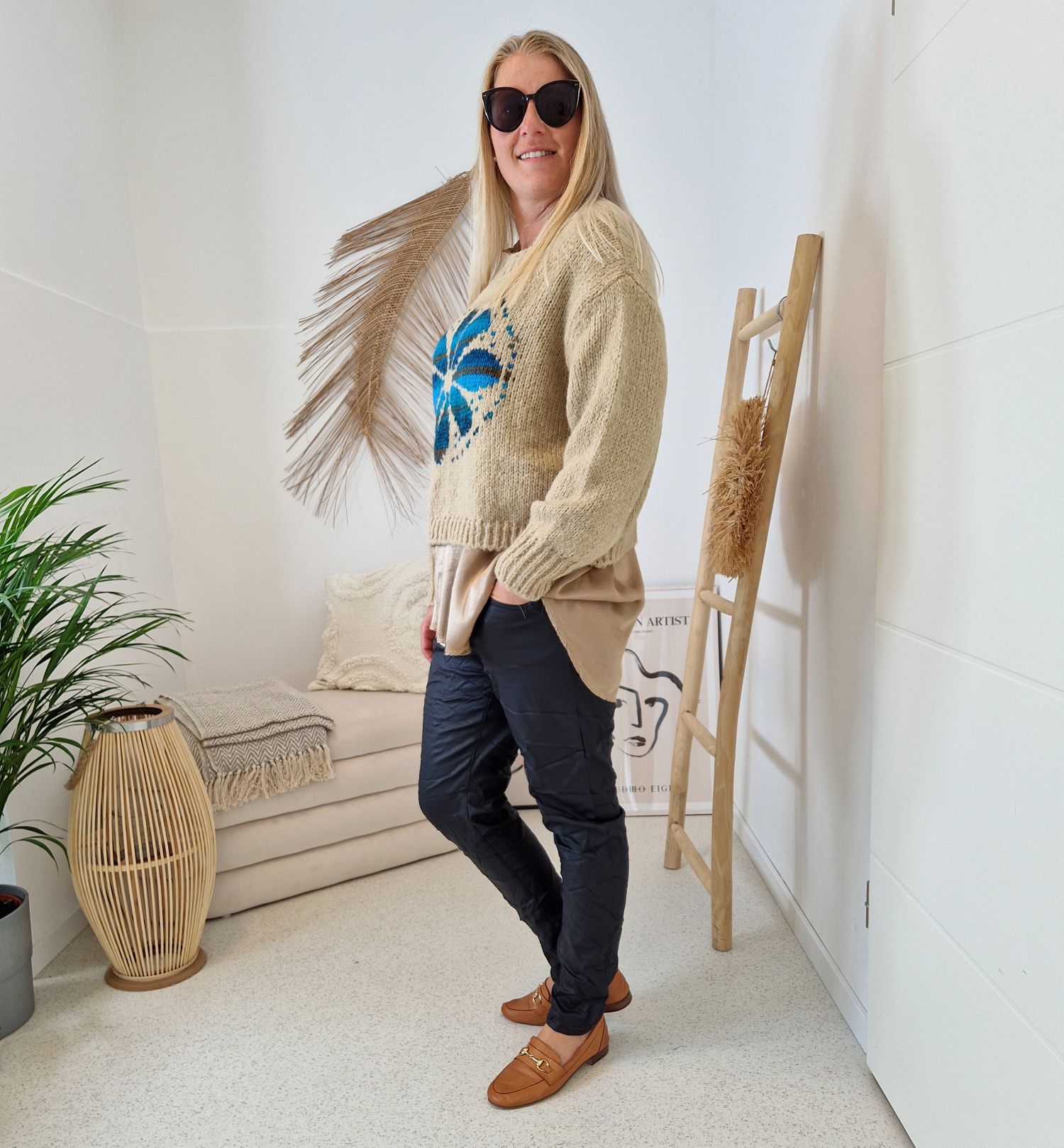 KNIT SWEATER GRETA FLOWER TAUPE Strickpullover Pullover 34-42 Made in Italy versch. Farben KNIT SWEATER GRETA FLOWER TAUPE Strickpullover Pullover 34-42 Made in Italy versch. Farben