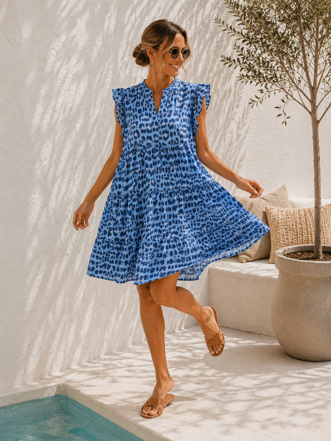 MUSSELIN KLEID TAMI HELLBLAU BEIGE kurz Rüschen 34 - 42
