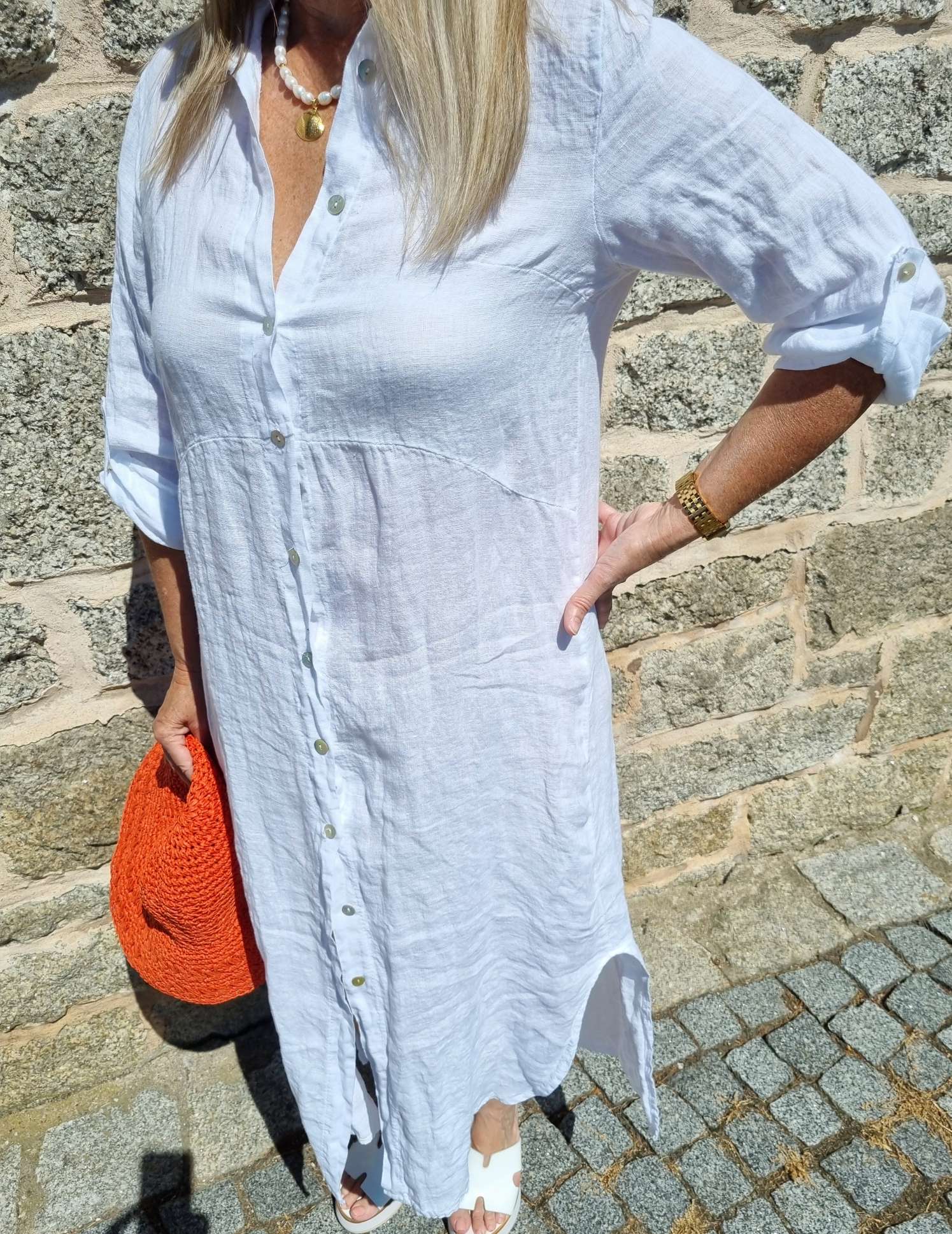 LINEN DESS WANDA 2 WEISS 34-40 Made in Italy Leinen Kleid Long Bluse Mantel LINEN DESS WANDA 2 WEISS 34-40 Made in Italy Leinen Kleid Long Bluse Mantel