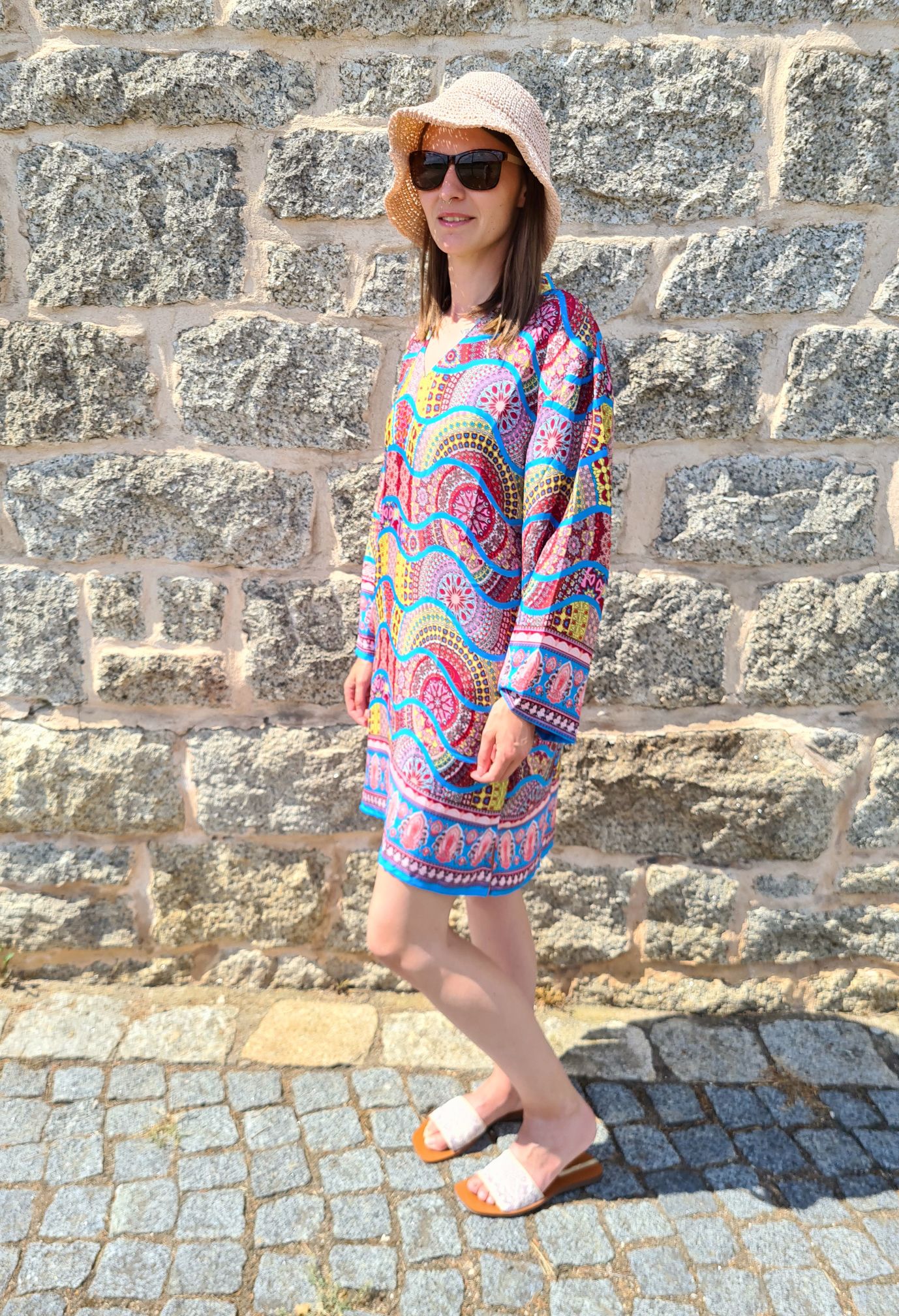 SHORT SILK DRESS GREECE BLAU BUNT 34-38/40 Italy Style Seide Kleid #DE-901 SHORT SILK DRESS GREECE BLAU BUNT 34-38/40 Italy Style Seide Kleid #DE-901