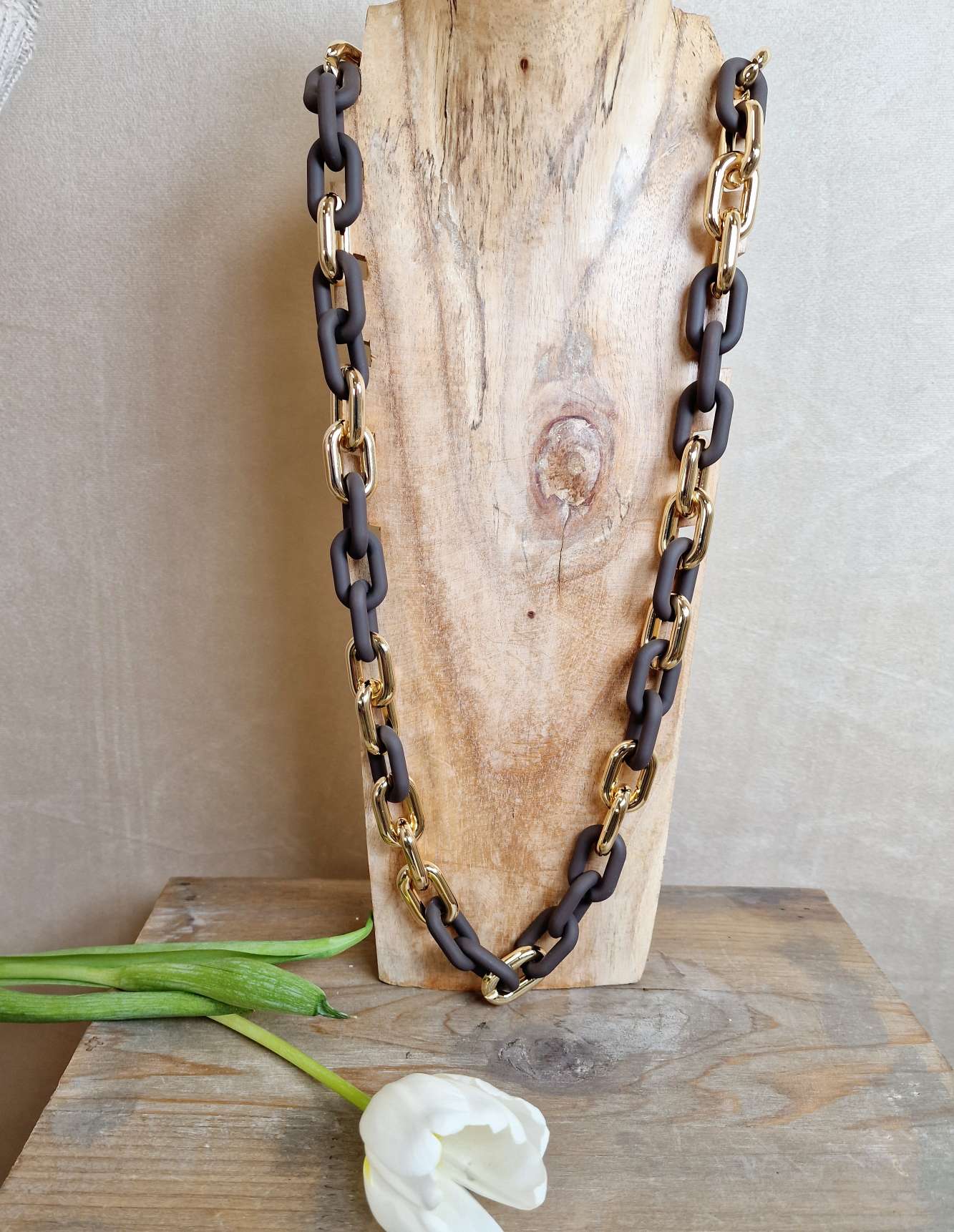 KETTE POWERFUL BRAUN Metall Resin Goldfarbig Necklace Halskette