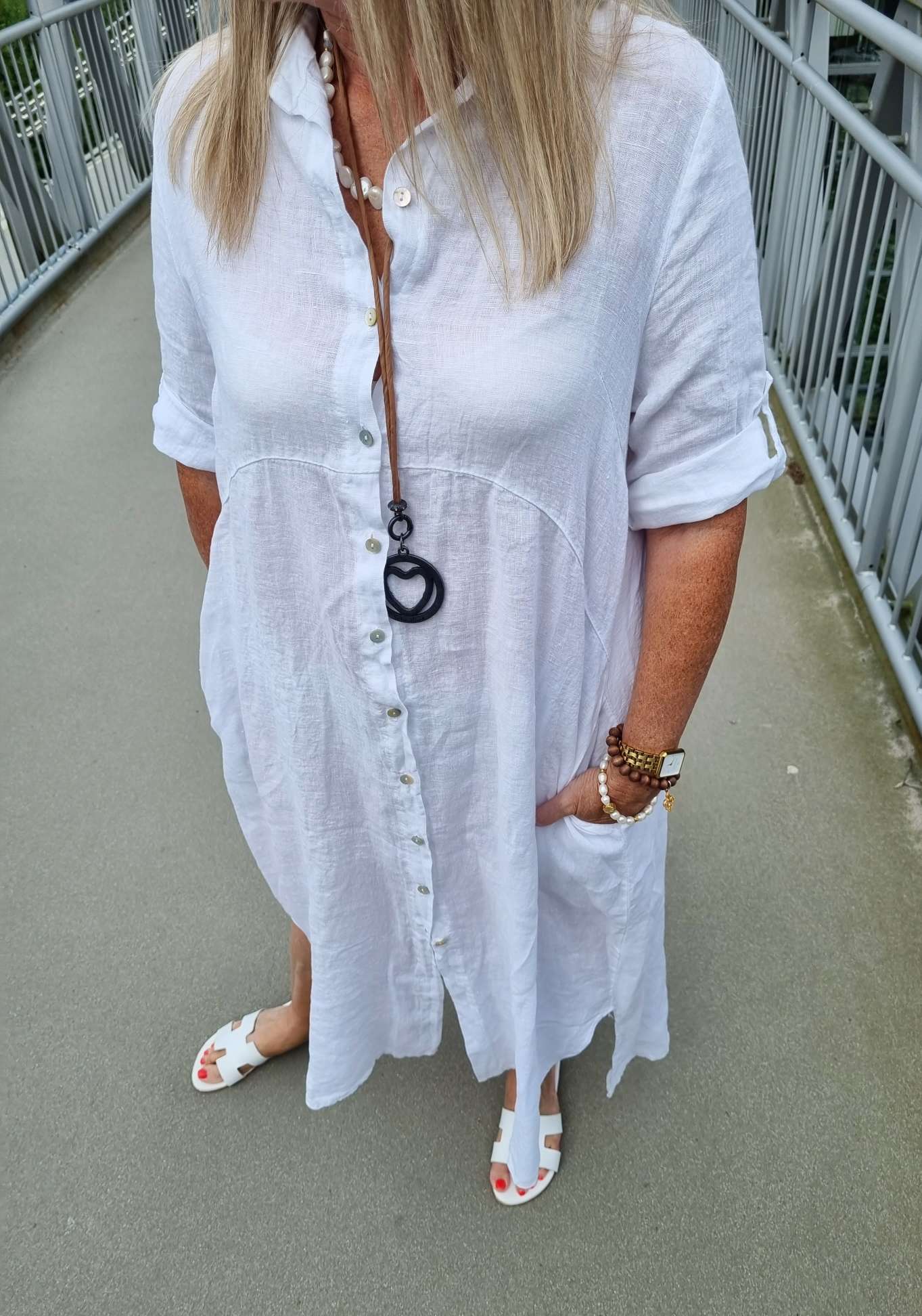 LINEN DESS WILMA WEISS 34-42 Made in Italy Leinen Kleid Long Bluse Mantel LINEN DESS WILMA WEISS 34-42 Made in Italy Leinen Kleid Long Bluse Mantel