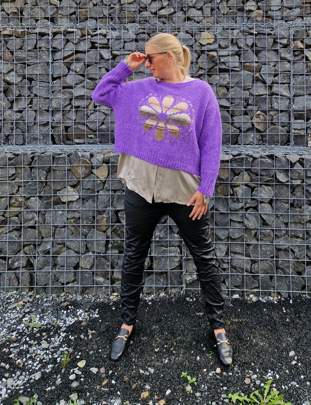 KNIT SWEATER GRETA FLOWER LILA Strickpullover Pullover 34-42 Made in Italy versch. Farben KNIT SWEATER GRETA FLOWER LILA Strickpullover Pullover 34-42 Made in Italy versch. Farben