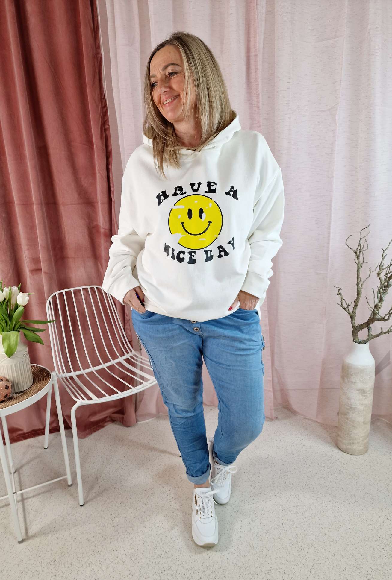 HOODIE NICE DAY WEISS 34-42 Made in Italy Sweater Kapuze Oversize Pullover