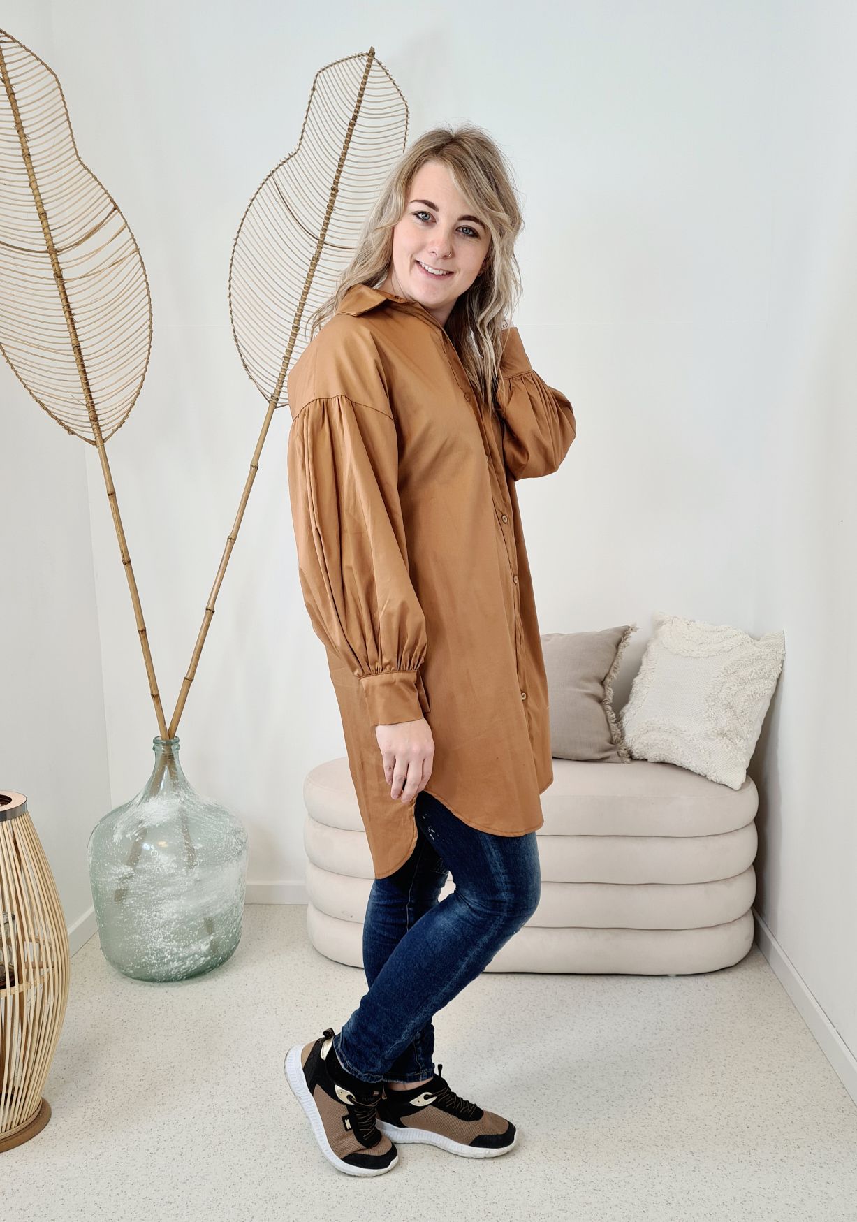 BASIC BLUSE FERNANDA LONG CAMEL 34-42 Made in Italy Oversize Shirt Hemd LANG Blusenkleid BASIC BLUSE FERNANDA LONG CAMEL 34-42 Made in Italy Oversize Shirt Hemd LANG Blusenkleid