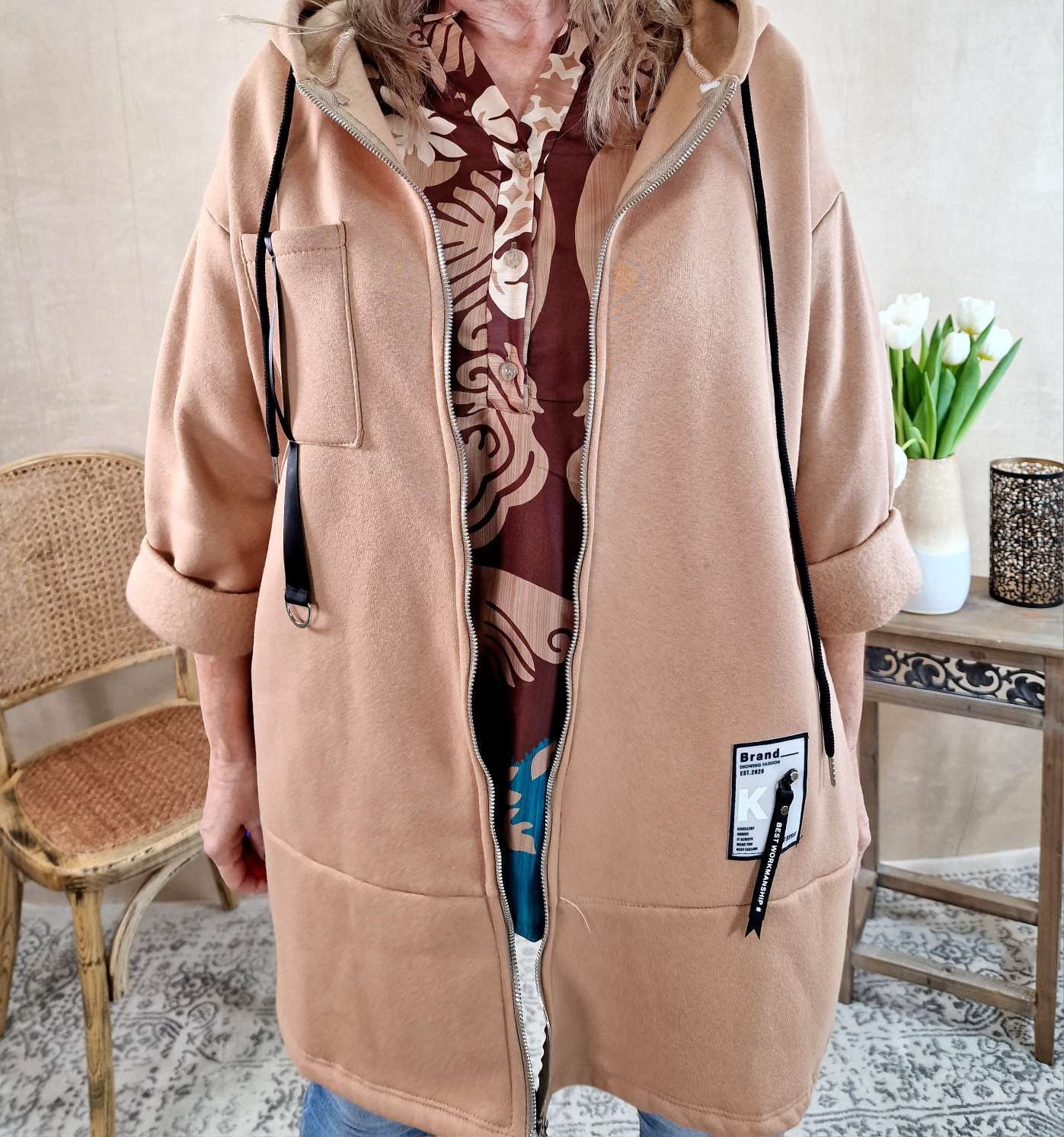 HOODIE SWEATER JACKE CARLO CAMEL 34-42 Made in Italy Oversize lange Sweatshirtjacke HOODIE SWEATER JACKE CARLO CAMEL 34-42 Made in Italy Oversize lange Sweatshirtjacke