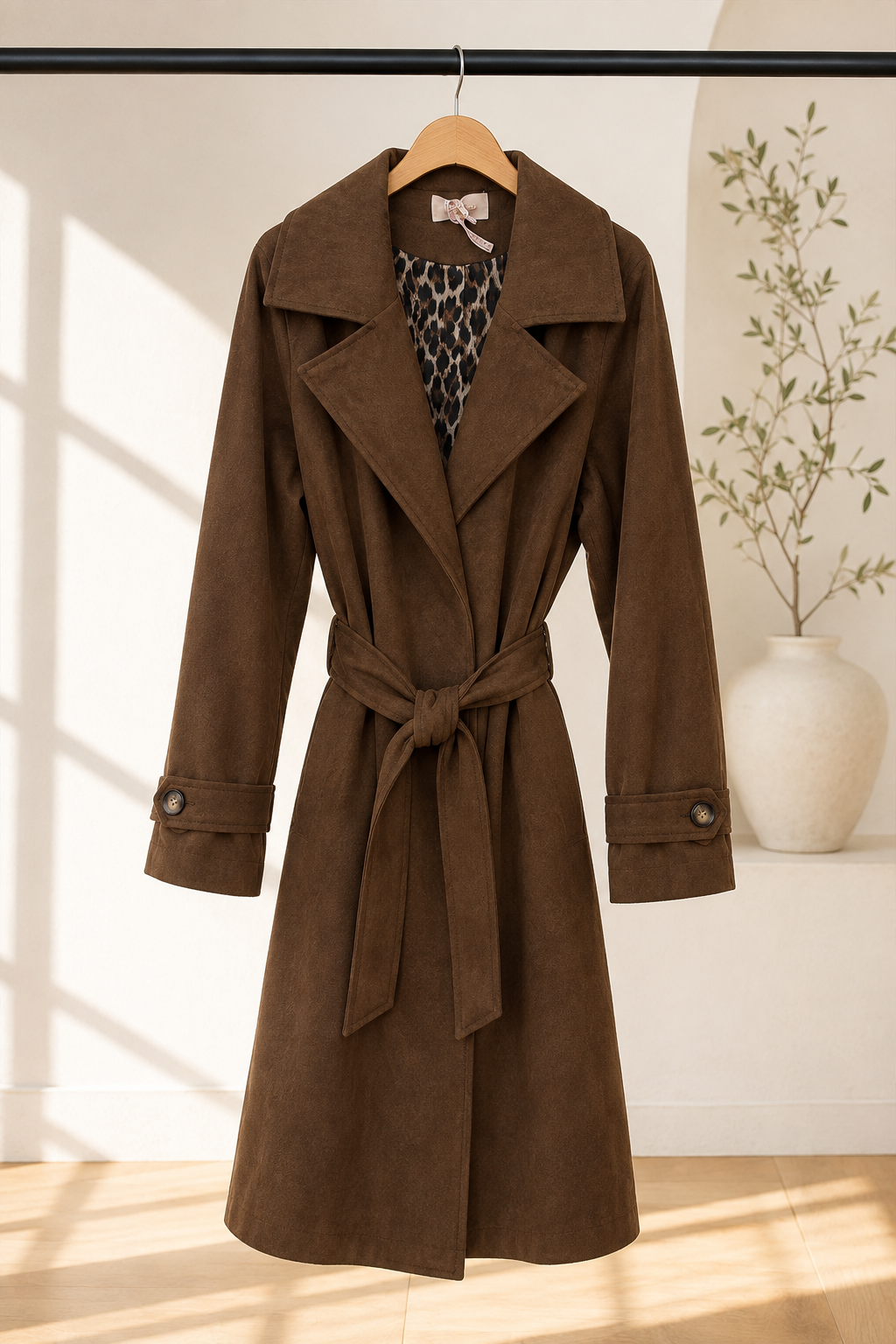 Tansania – Trenchcoat Mantel in Velourleder-Optik mit Leo-Futter | Made in Italy