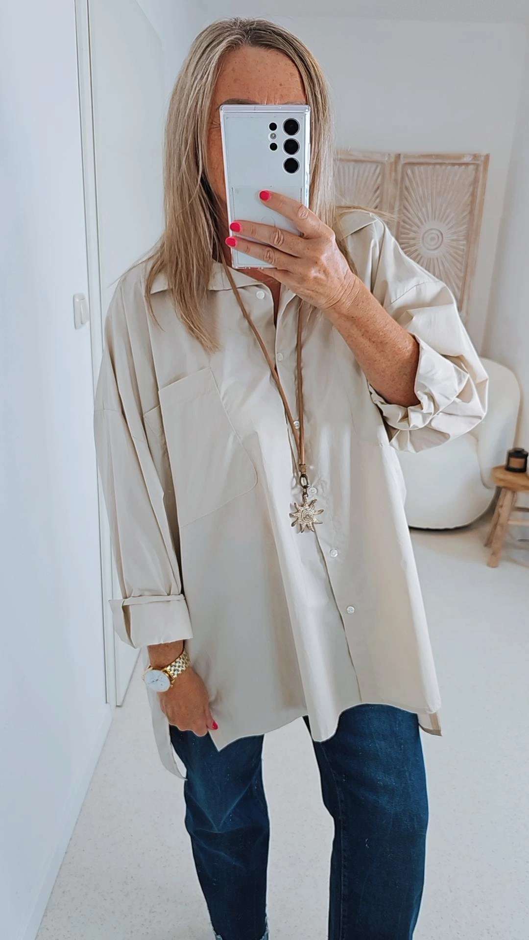 OVERSIZE BLUSE KARINA BEIGE 34-42/44 Made in Italy Longbluse Kleid Damen Basic OVERSIZE BLUSE KARINA BEIGE 34-42/44 Made in Italy Longbluse Kleid Damen Basic