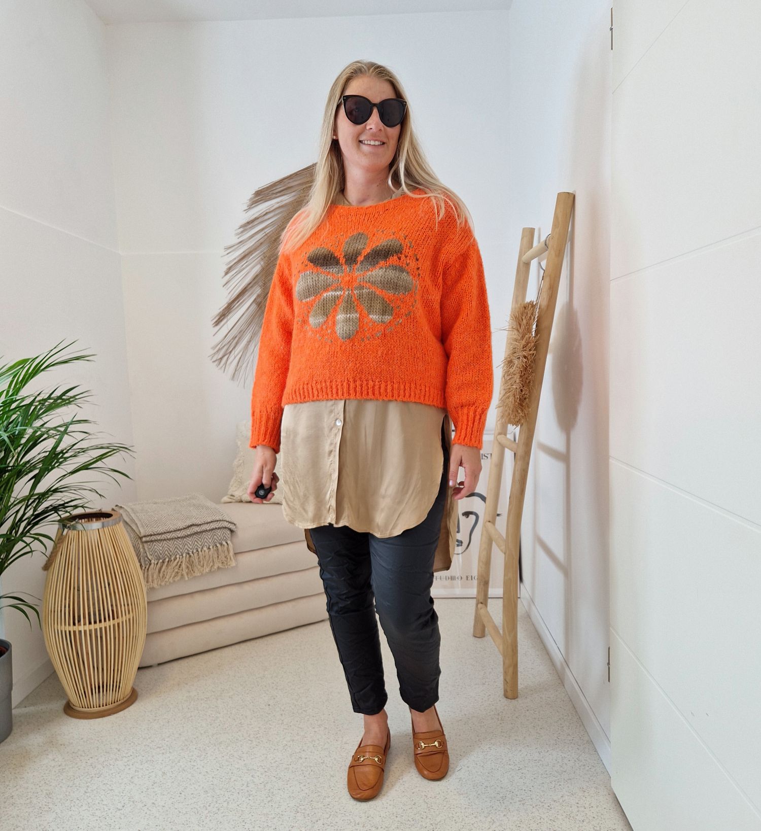 KNIT SWEATER GRETA FLOWER ORANGE Strickpullover Pullover 34-42 Made in Italy versch. Farben KNIT SWEATER GRETA FLOWER ORANGE Strickpullover Pullover 34-42 Made in Italy versch. Farben