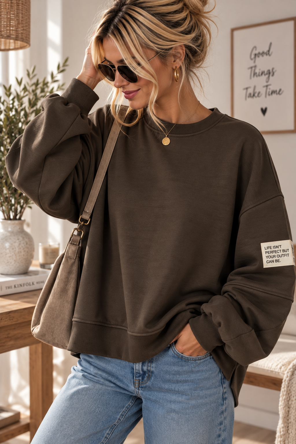 Butterstoff-Sweatshirt uni mit Statement-Patch – SW0094 Made in Italy Gr 34-42