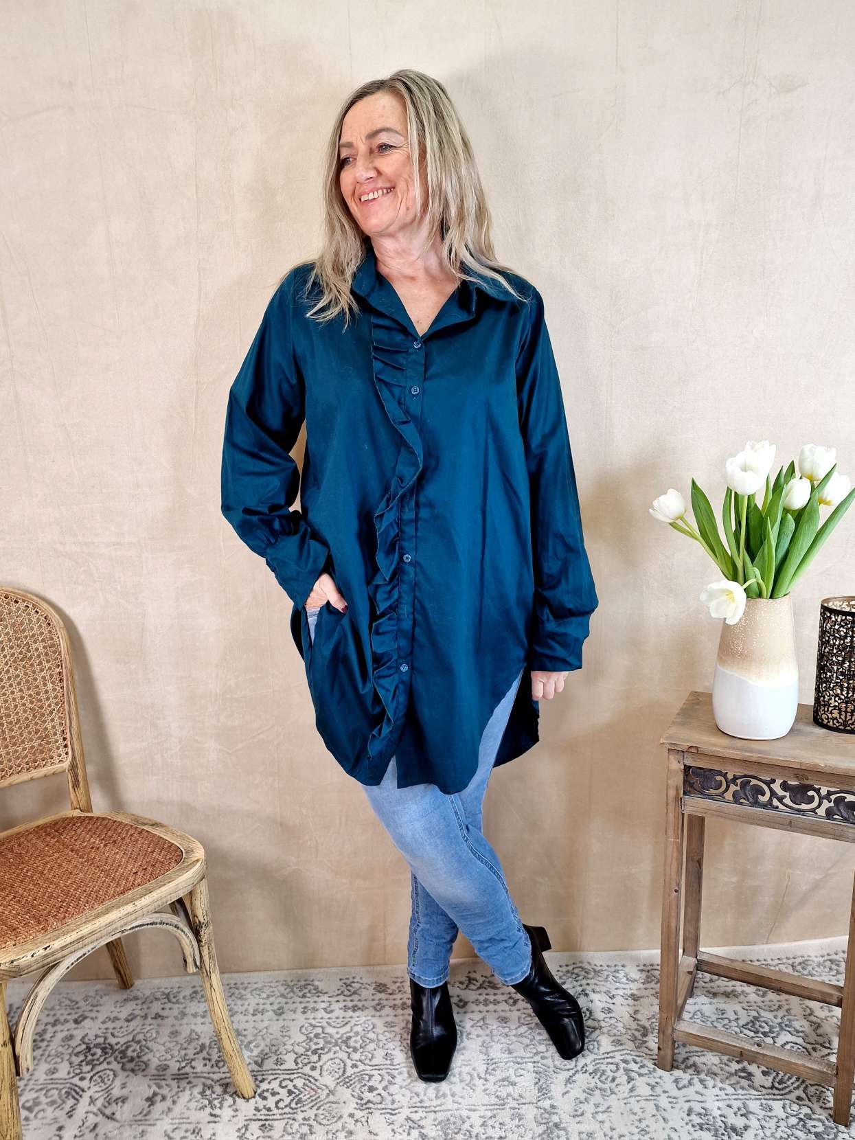 BASIC BLUSE JAMIE LONG PETROL 34-42 Made in Italy Oversize Shirt Hemd LANG Blusenkleid BASIC BLUSE JAMIE LONG PETROL 34-42 Made in Italy Oversize Shirt Hemd LANG Blusenkleid