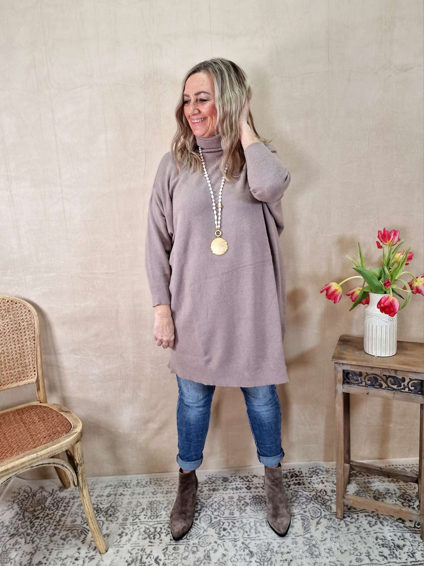 LIGHT KNIT DRESS EMILIA TAUPE 34-42 Made in Italy Strick Kleid Long Pullover LIGHT KNIT DRESS EMILIA TAUPE 34-42 Made in Italy Strick Kleid Long Pullover