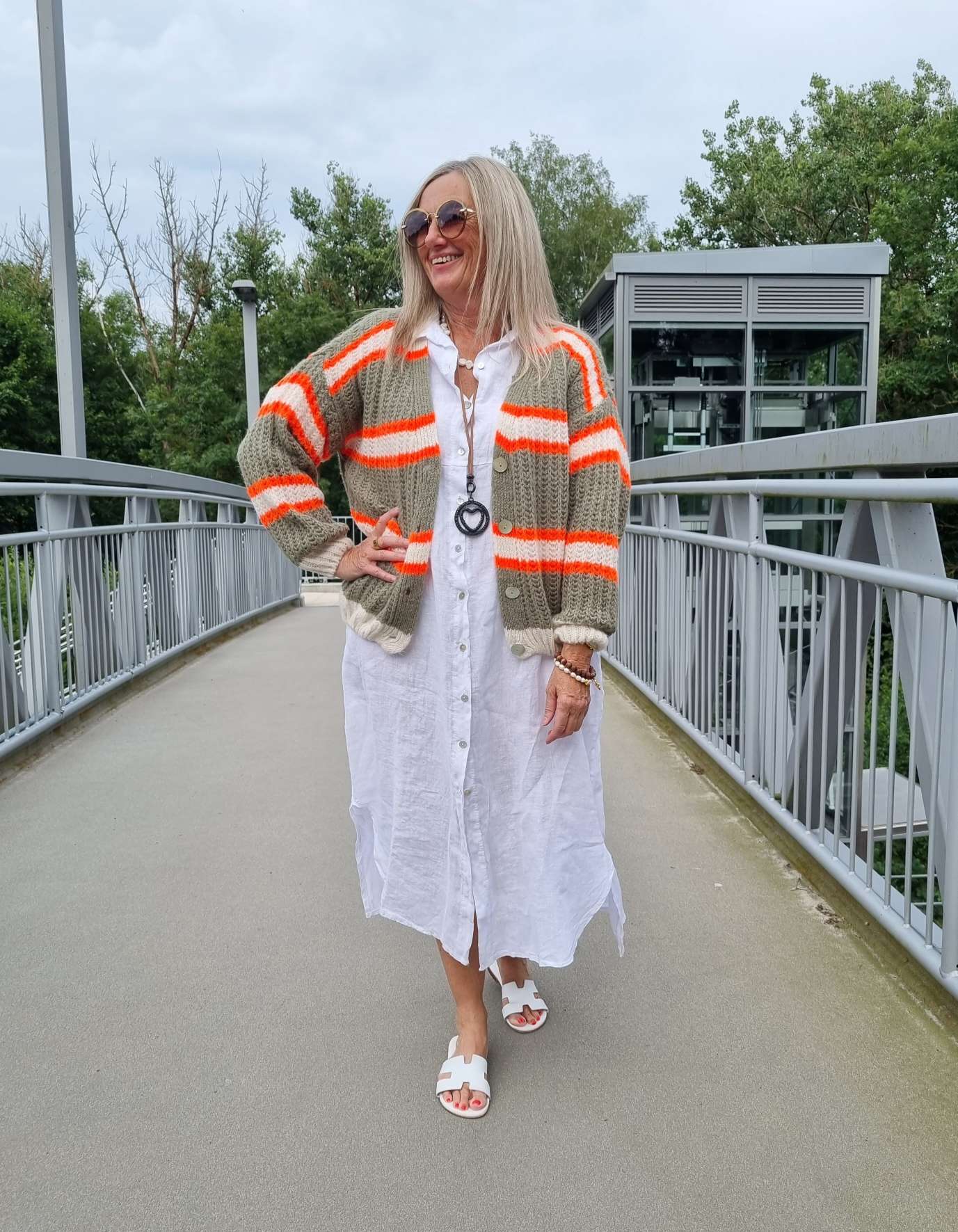 SHORT KNIT CARDIGAN MYKONOS STRIPES BUTTONS KHAKI ORANGE CREME kurze Strick Jacke Made in Italy Streifen Knöpfe 34-42 SHORT KNIT CARDIGAN MYKONOS STRIPES BUTTONS KHAKI ORANGE CREME kurze Strick Jacke Made in Italy Streifen Knöpfe 34-42