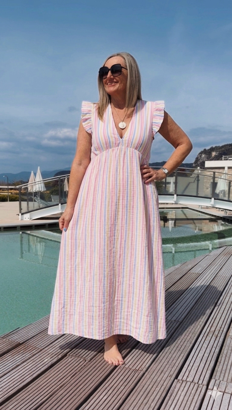 MUSSELIN KLEID ZOE STRIPES 34 - 42 Made in Italy ärmellos Rüsche